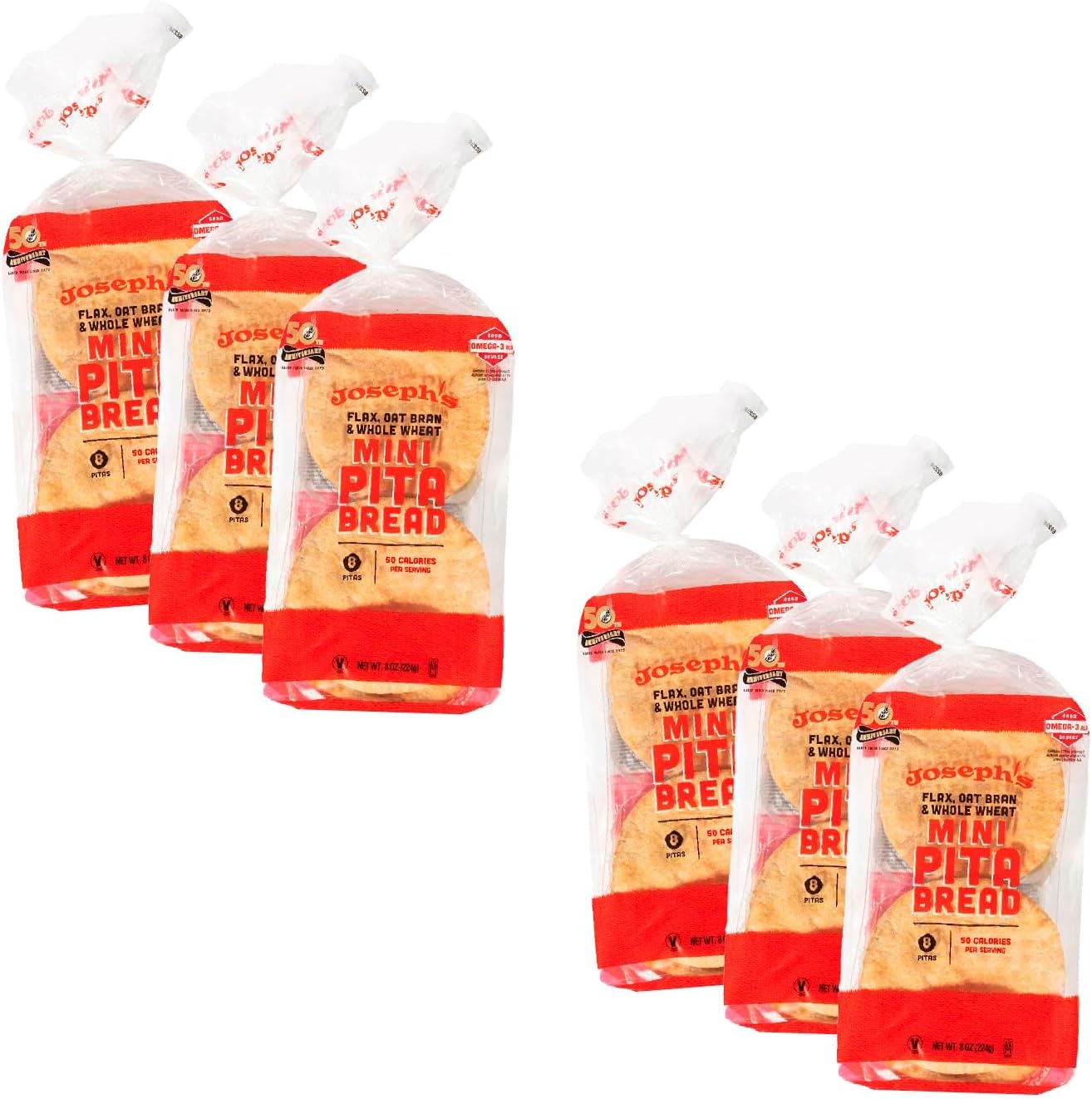 Joseph's Low Carb MINI Pita Bread 6-Pack, Flax, Oat Bran and Whole Wheat, 5g Carbs Per Serving, Fresh Baked (8 Per Pack, 48 MINI Pita Breads Total)