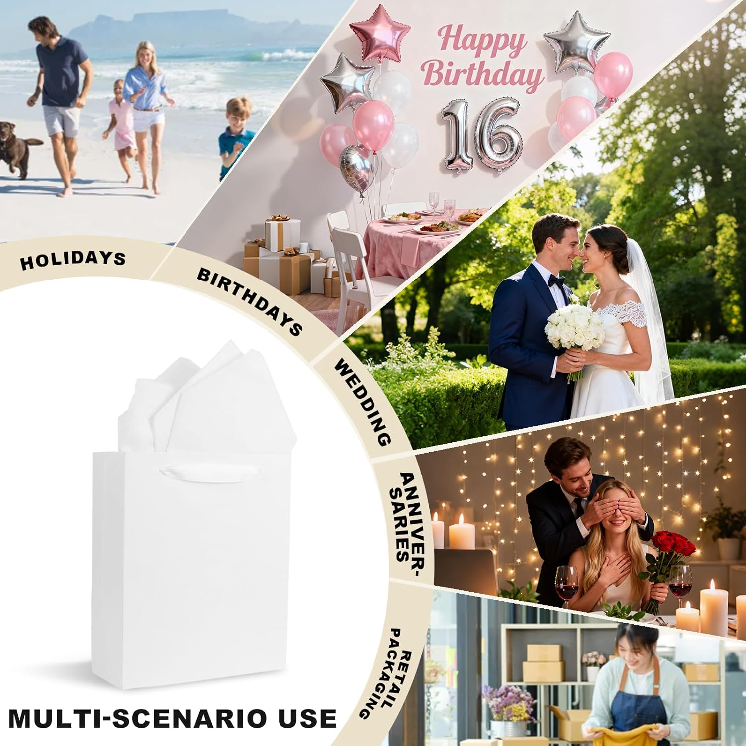 Grevo 30 Pack 6x3x7.5 White Gift Paper Bags - Sturdy & Recyclable Gift Bags with Handes Bulk for Holidays, Kids Party, Birthday, Wedding, Business, Grocery, Christmas and Shopping