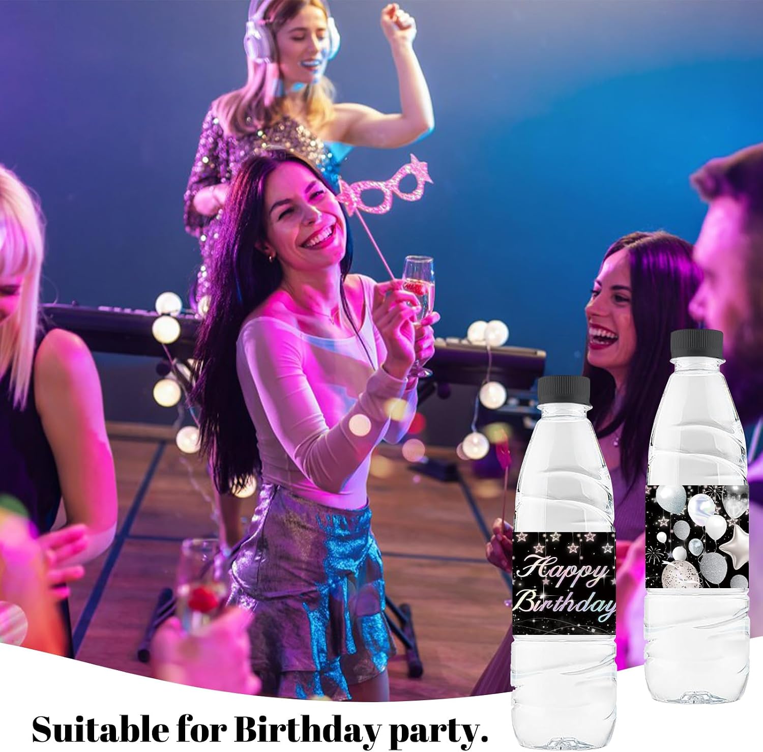 Water Bottle Labels, 50Pcs Happy Birthday Bottle Stickers Waterproof Black and Silver Balloon Banner Happy Birthday Theme Water Bottle Wraps