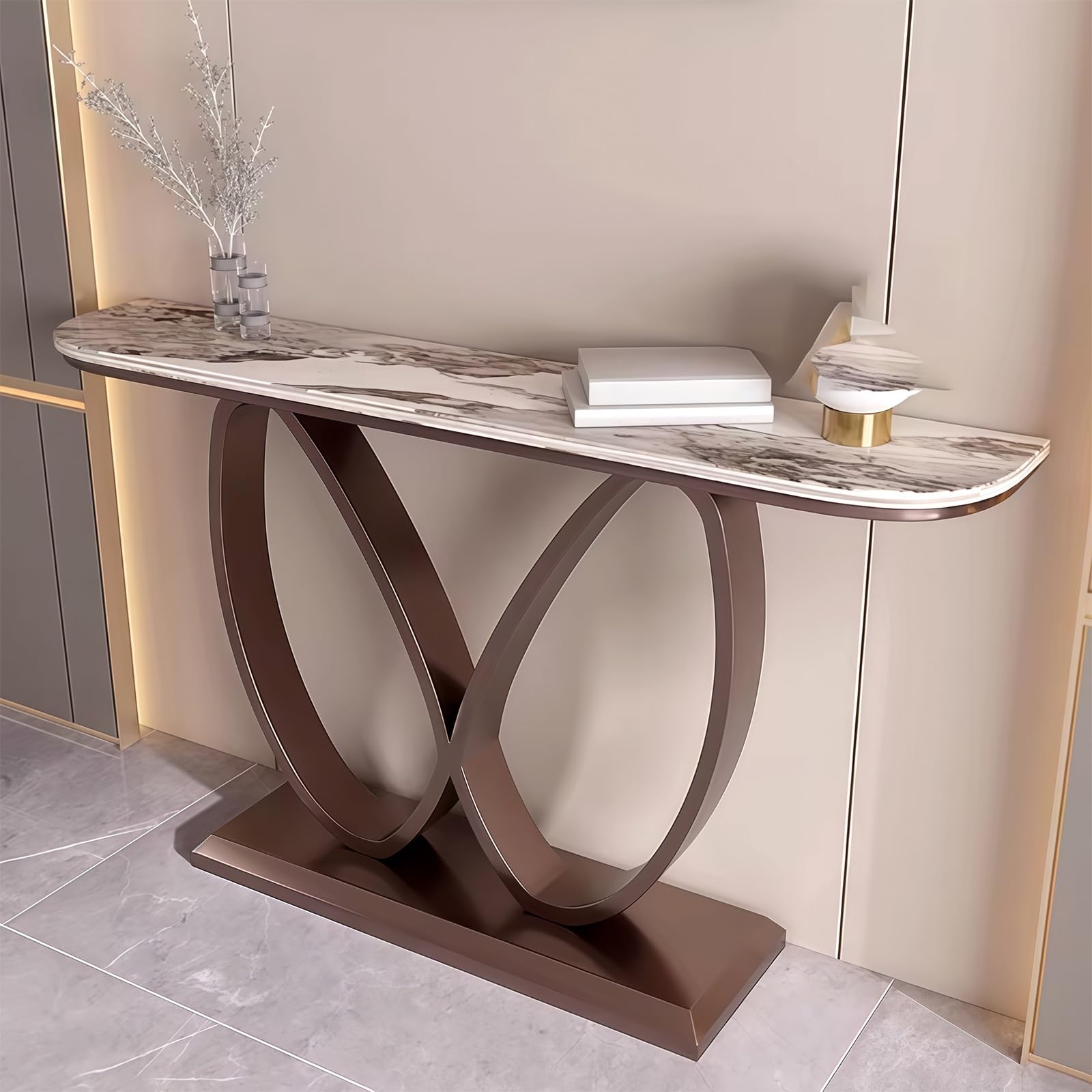 Consolle, Tavolino d'ingresso stretto effetto marmo con base geometrica in metallo, Tavolini d'appoggio contemporanei, Base decorativa creativa in acciaio al carbonio (Marrone + Marrone, 100 cm/39,3