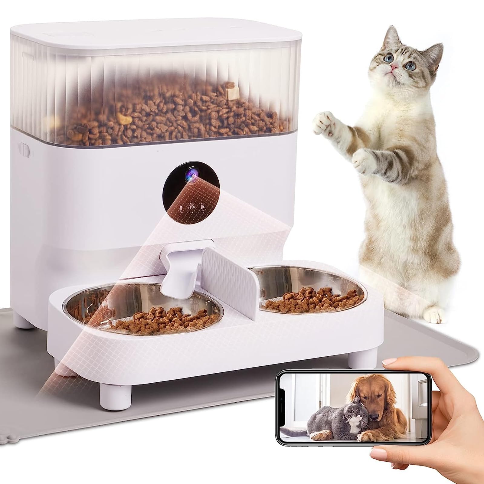 Comederos Automáticos para Gatos, Alimentador WiFi para Mascotas con Cámara 1080P para 2 Gatos Y Perros, Dispensador Automático De Comida para Perros De 5L con Alfombrilla De Alimentación