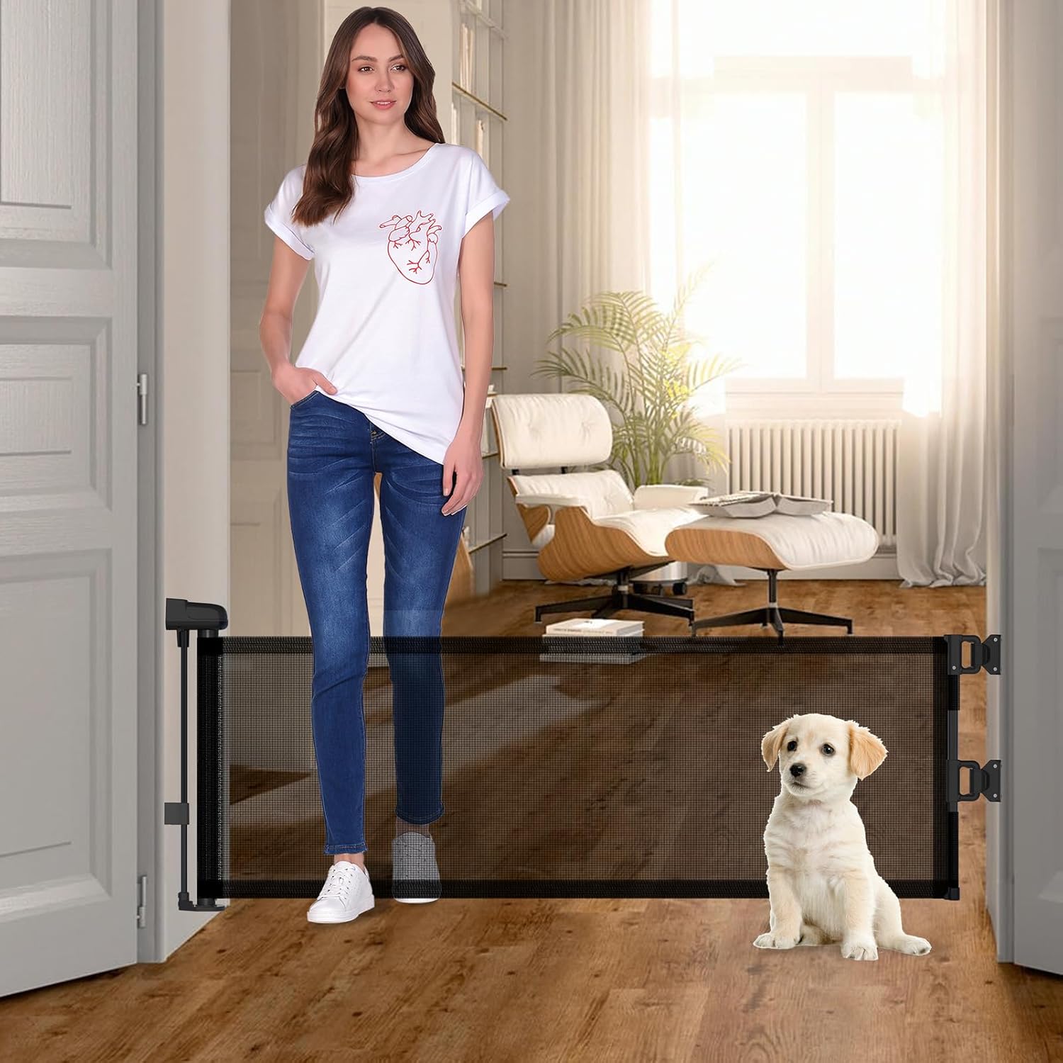 14" H Short Dog Gate Pet Gates Puppy Gate 59" Wide Step Over Pet Fence, Mesh Retractable Indoor Outdoor Expands Up to 59 Inches Small Dog Gates for Doorways Stairs Black 14" H