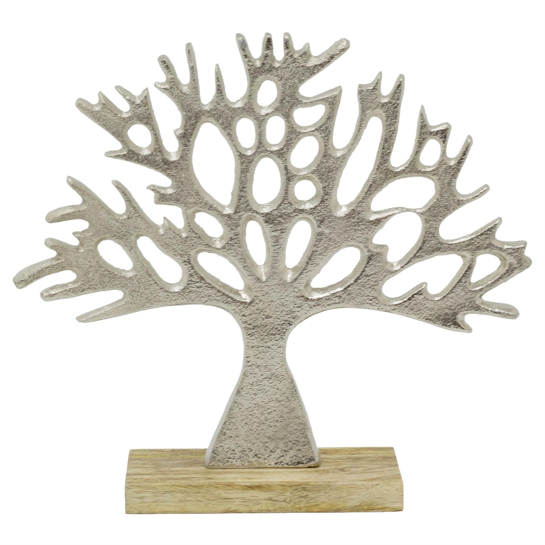 Carousel Home Silver Tree Of Life Ornament, 24Cm Metal Sculpture On Mango Wood Base