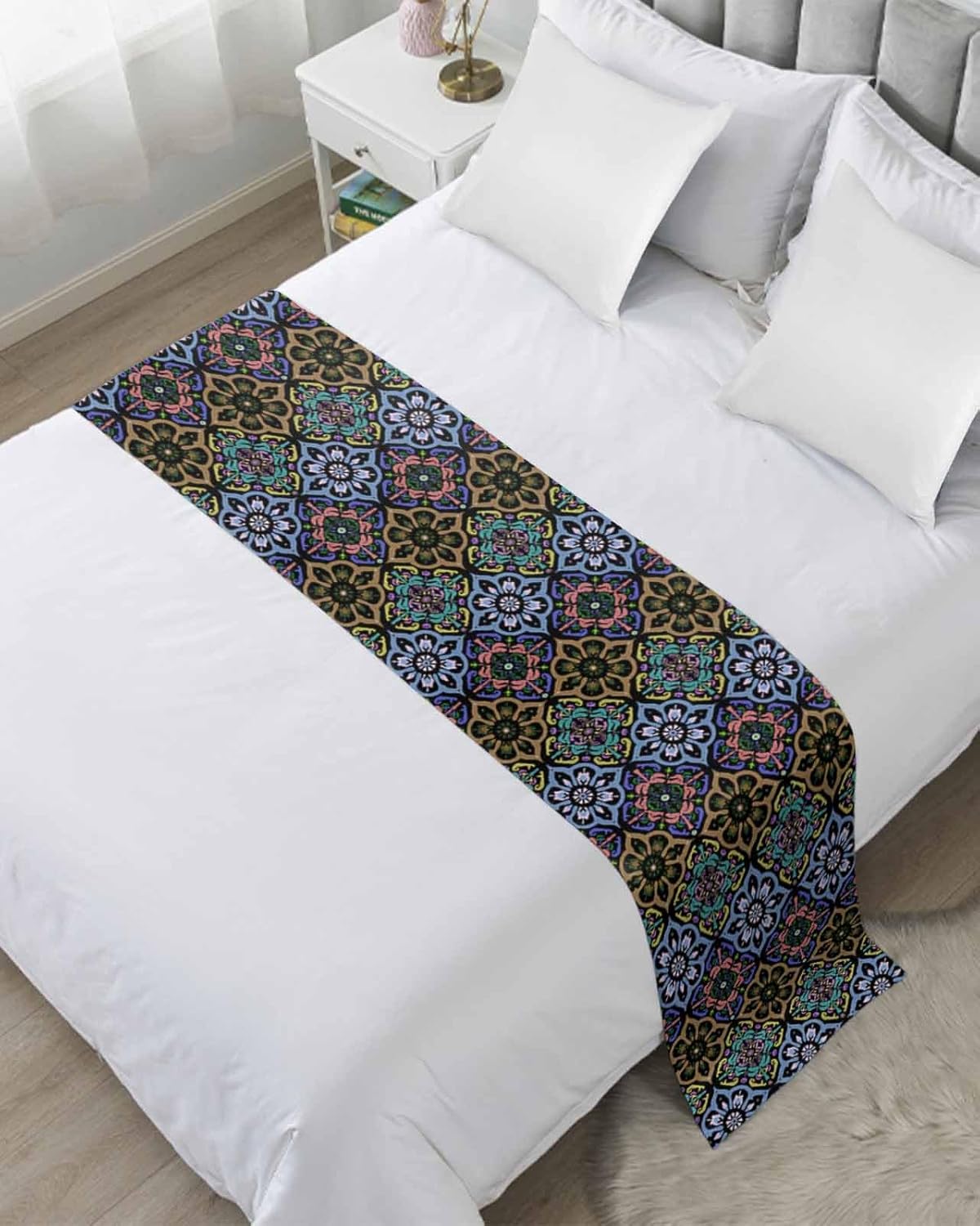 Bed Runner for Queen Size Beds, Pink Blue Brown Green Boho Decorative Bed Runners Scarves for Bedroom, Ethnic Abstract Geometric Art Washable Bedding Scarf Cover