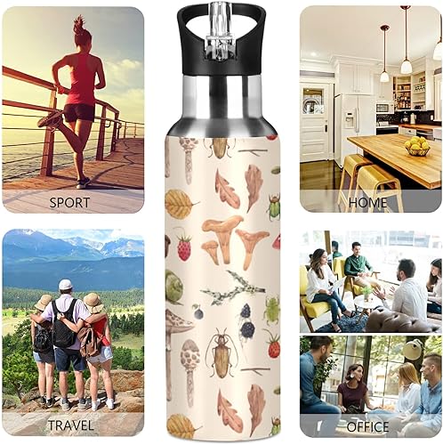 Miniatura 5 de Botella de agua de hongos otoñales, bayas, caracol, mariposa, hojas, bellota, acero inoxidable, aislada al vacío con tapa con pajilla, 20 onzas