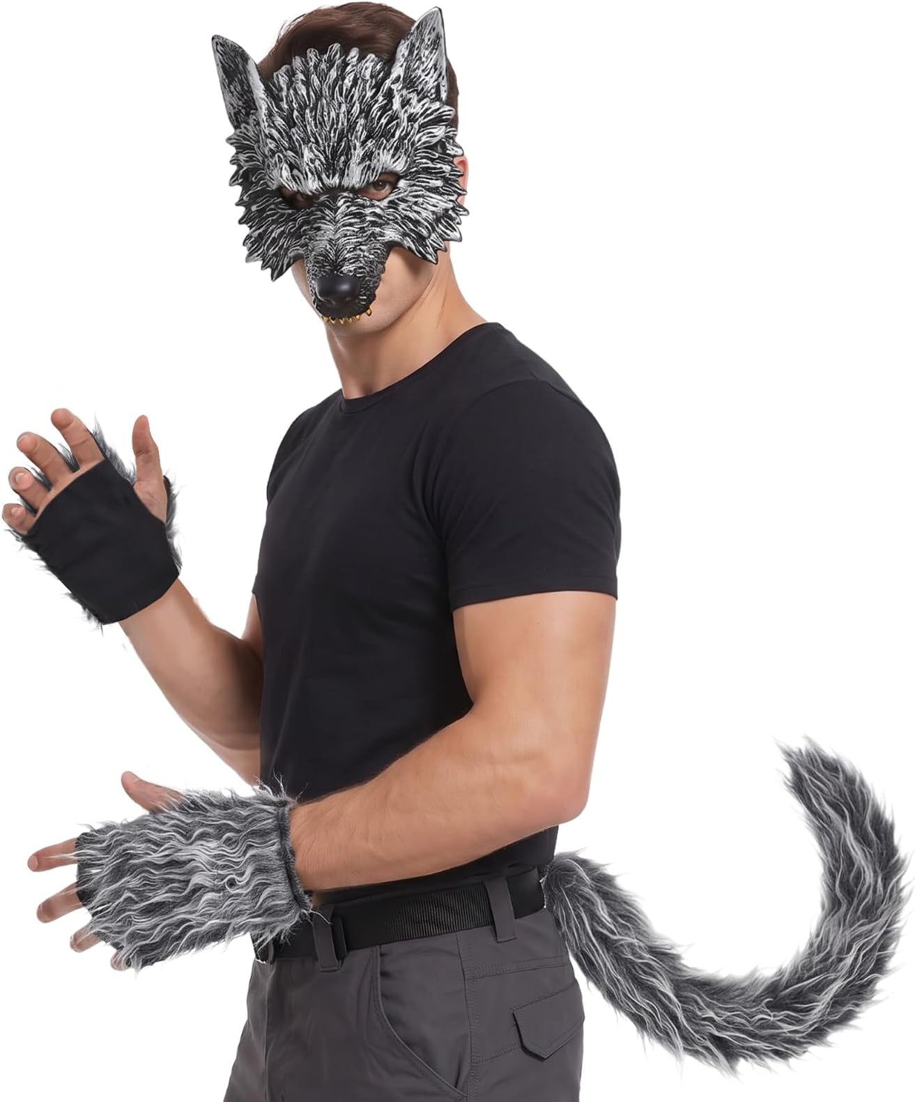 Wolf Mask with Wolf Tail and Gloves, Wolf Costume and Werewolf Mask for Mens Women Kids Halloween Party Dress Up, Cosplay