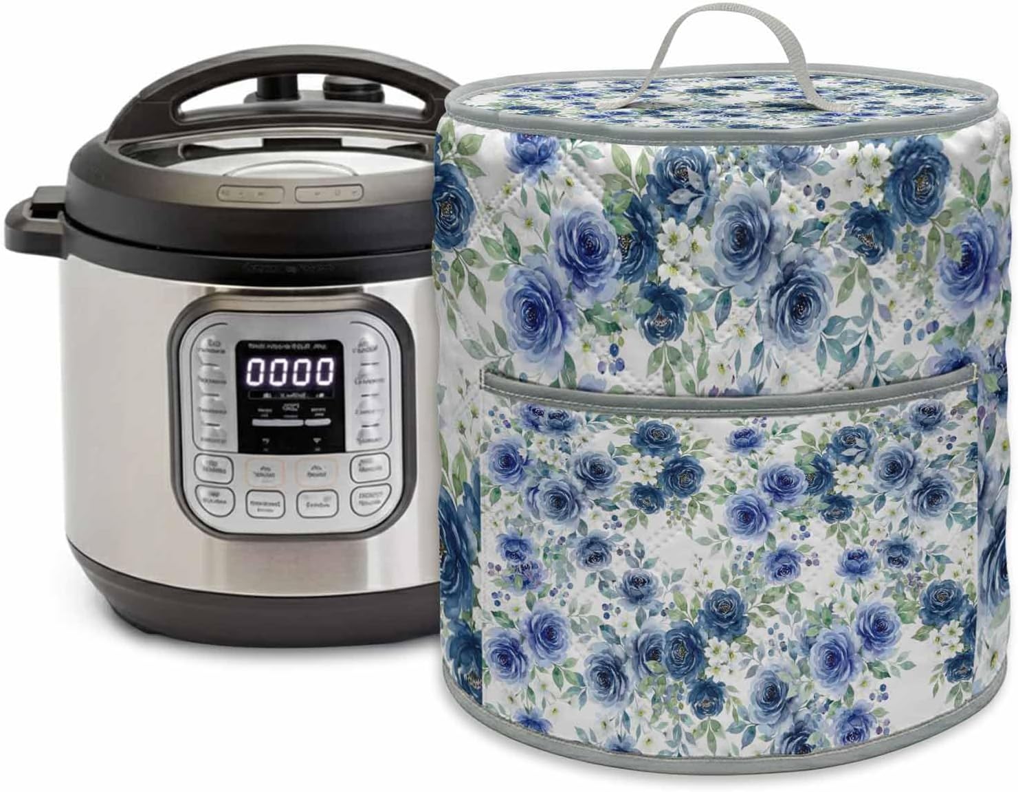 Navy Blue Roses Small Appliance Covers for Air Fryer & Electric Rice Cooker, Spring Floral Elegant Pastoral Botanical Pressure Pot Cover, 3Qt Instant Pot Dust Cover with Handle & Pocket