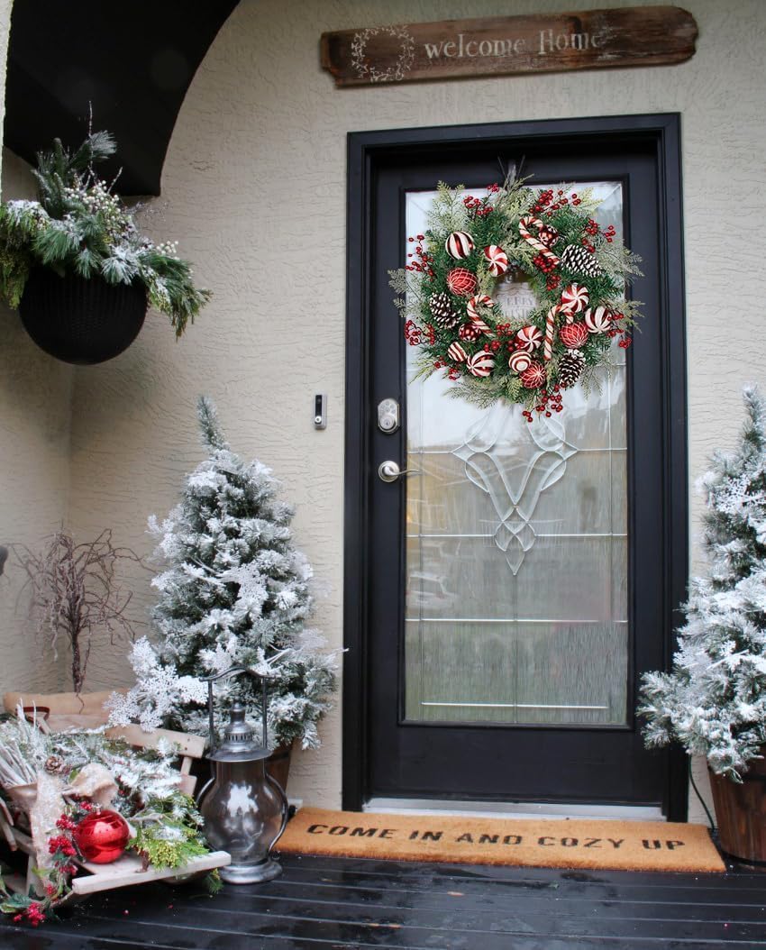 24 inch Christmas Door Wreath, Norfolk Pine Wreaths for Front Door with Candy Cane Red and White Ball Pinecones Berries Reef for Fireplace Xmas Decorations, Wall Window Indoor Outdoor Decor