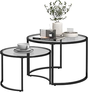 HOMCOM Couchtisch rund 2er Set Beistelltisch mit Tischplatte aus Hartglas