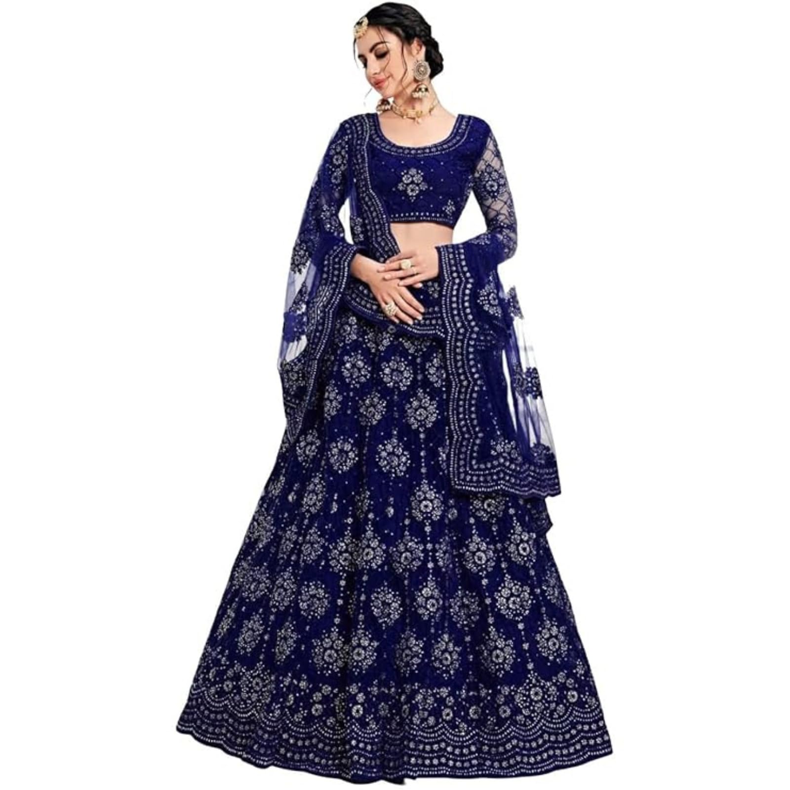 ZAALIMA FASHION WITH Z LOGOAmazon Brand-Women's Net Chain Semi-Stitched Lehenga Choli And Dupatta Set (Free Size) (Navyblue)