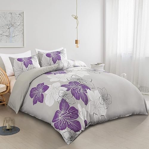 Miniatura 2 de DJY Juego de funda de edredón de 3 piezas, tamaño King, diseño floral morado, elegante funda de edredón de lirio bohemio con 2 fundas de almohada,