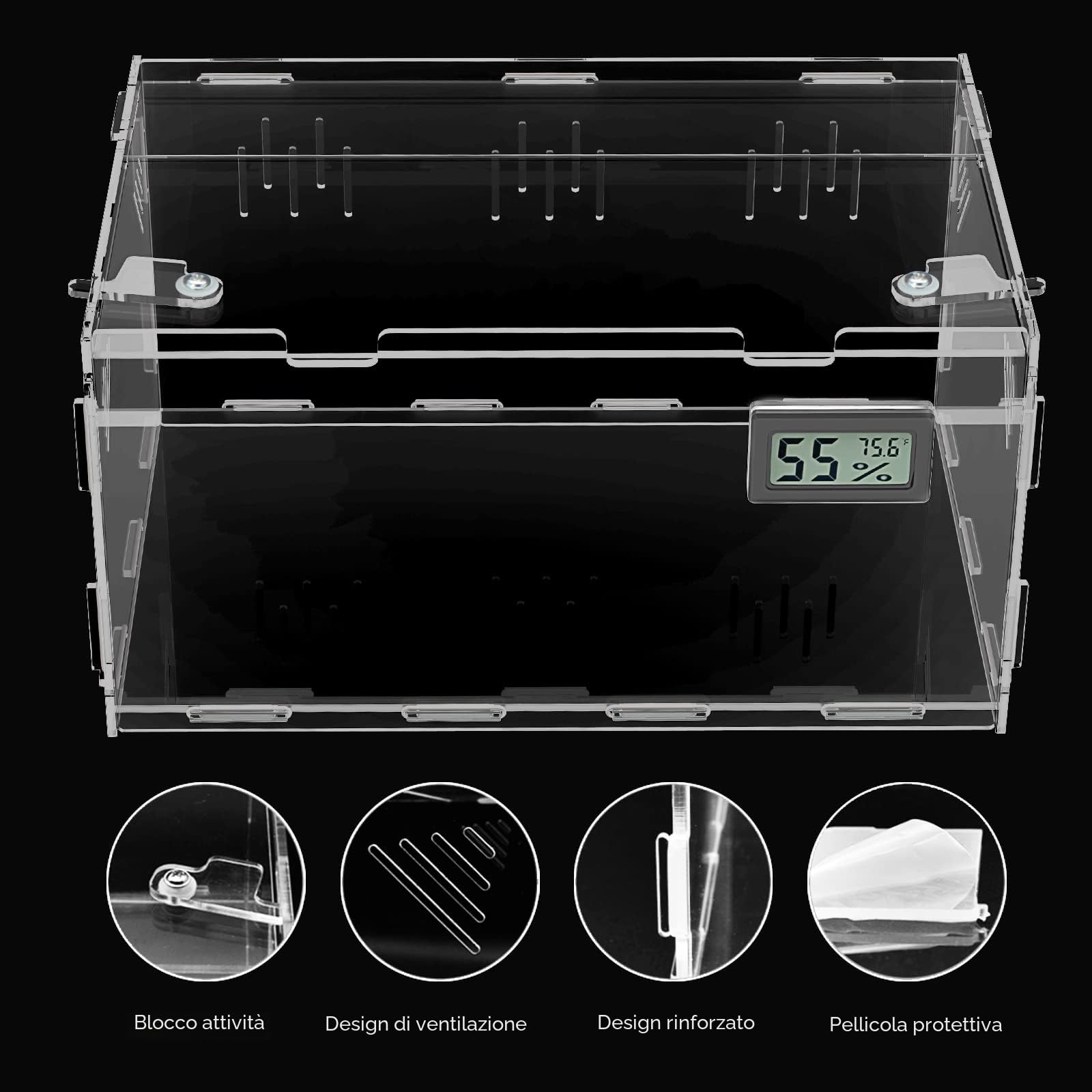Terrario Acrilico per Rettili con Igrometro e Controllo Temperatura, 30 x 20 x 15 cm, Ideale per Allevamento di Rettili e Piccoli Insetti
