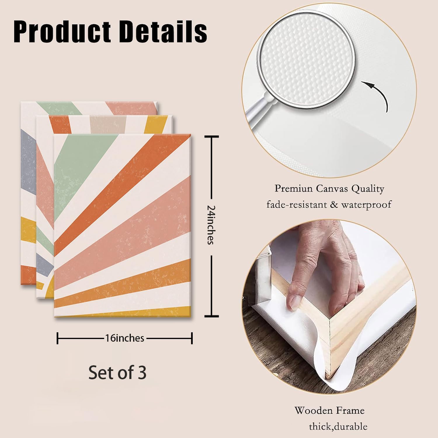 okudolit Boho Sun Canvas Wall Art prints Set of 3 Rainbow Sun Rising on Horizon Line Wall Decor Colorful Abstract Geometric Paintings Pictures for Living Room Bedroom Toddler Kids Room-16x24in