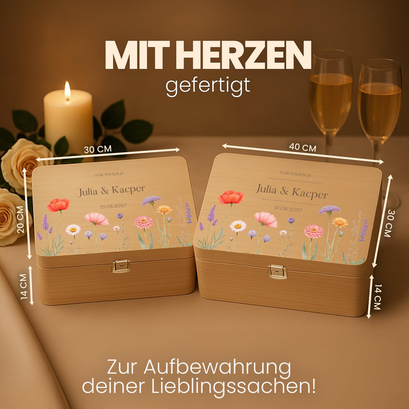 Maverton Erinnerungsbox mit Farbdruck - Aufbewahrungsbox mit Deckel - personalisierte Geschenke für Paar zur Hochzeit - Weihnachtsgeschenke - Hochzeitsgeschenke - aus Kiefernholz