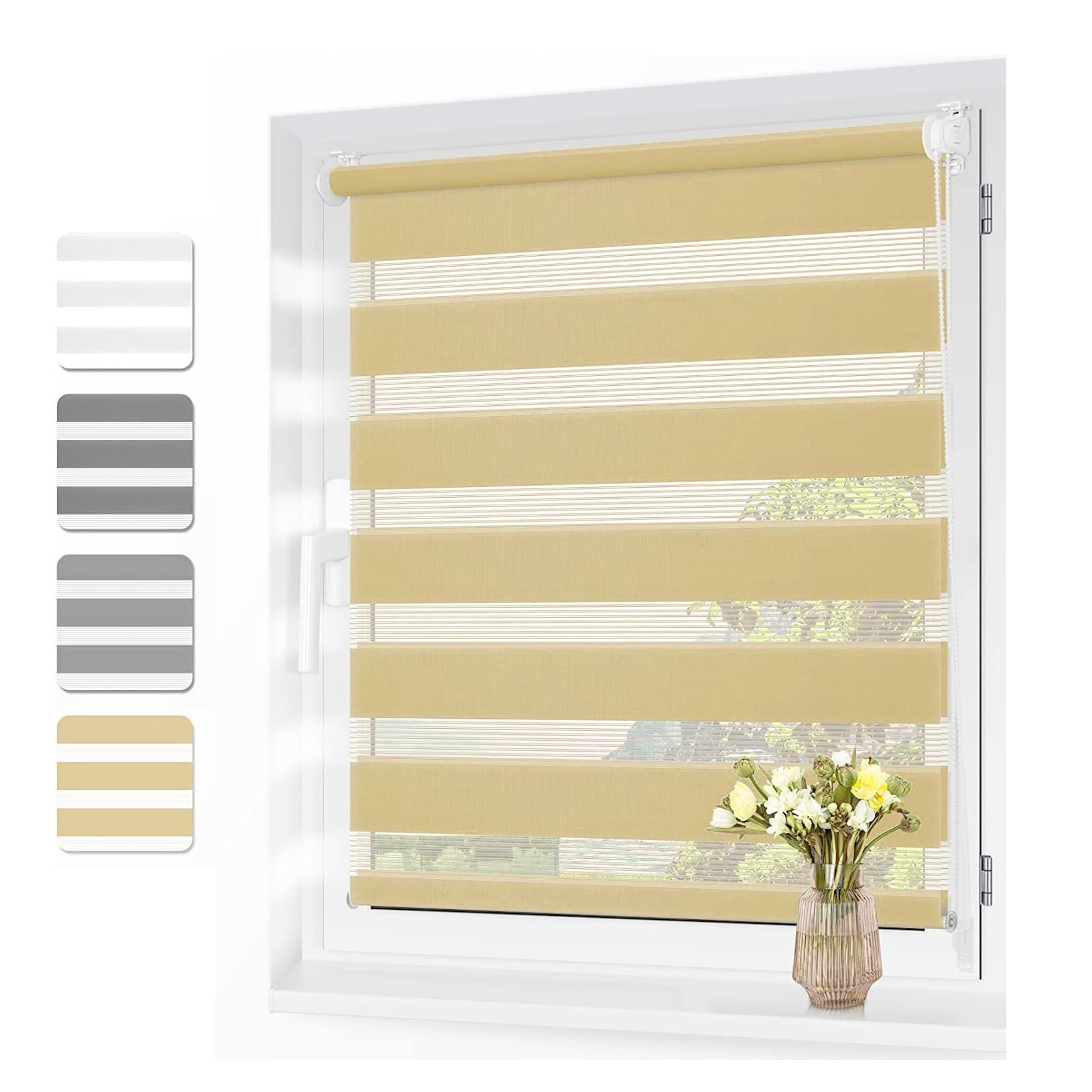 Persianas opacas enrollables de tela impermeable con mecanismo de cadena ajustable para baño y oficina, color beige, día y noche, 95 x 320 cm