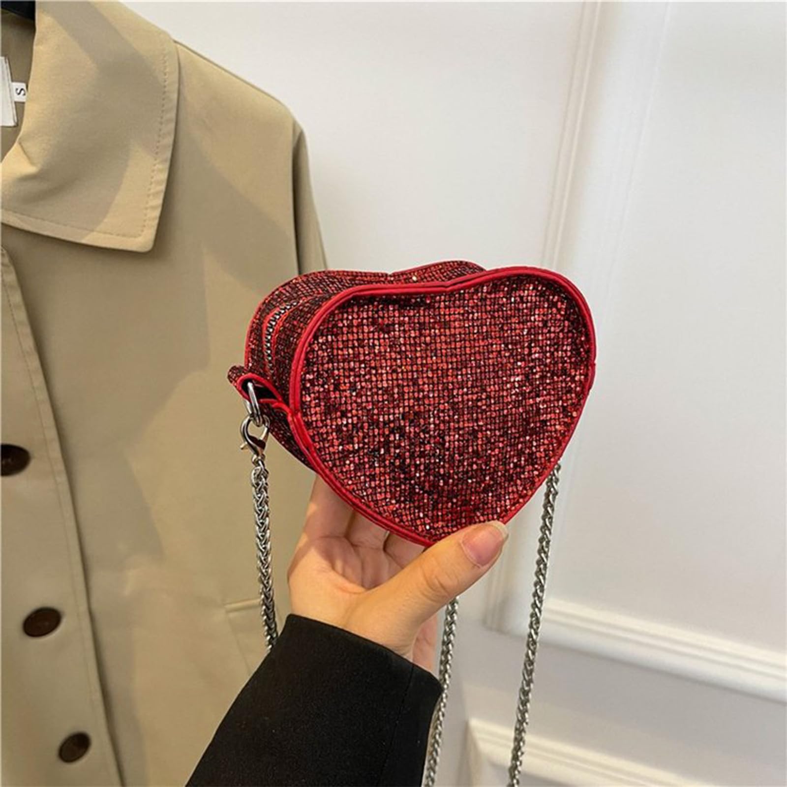Petit Sac à Bandoulière En Forme De Cœur – Paillettes Scintillantes, PU, Léger, Avec Chaîne, Parfait Pour Les Fêtes Et Les Rendez-vous