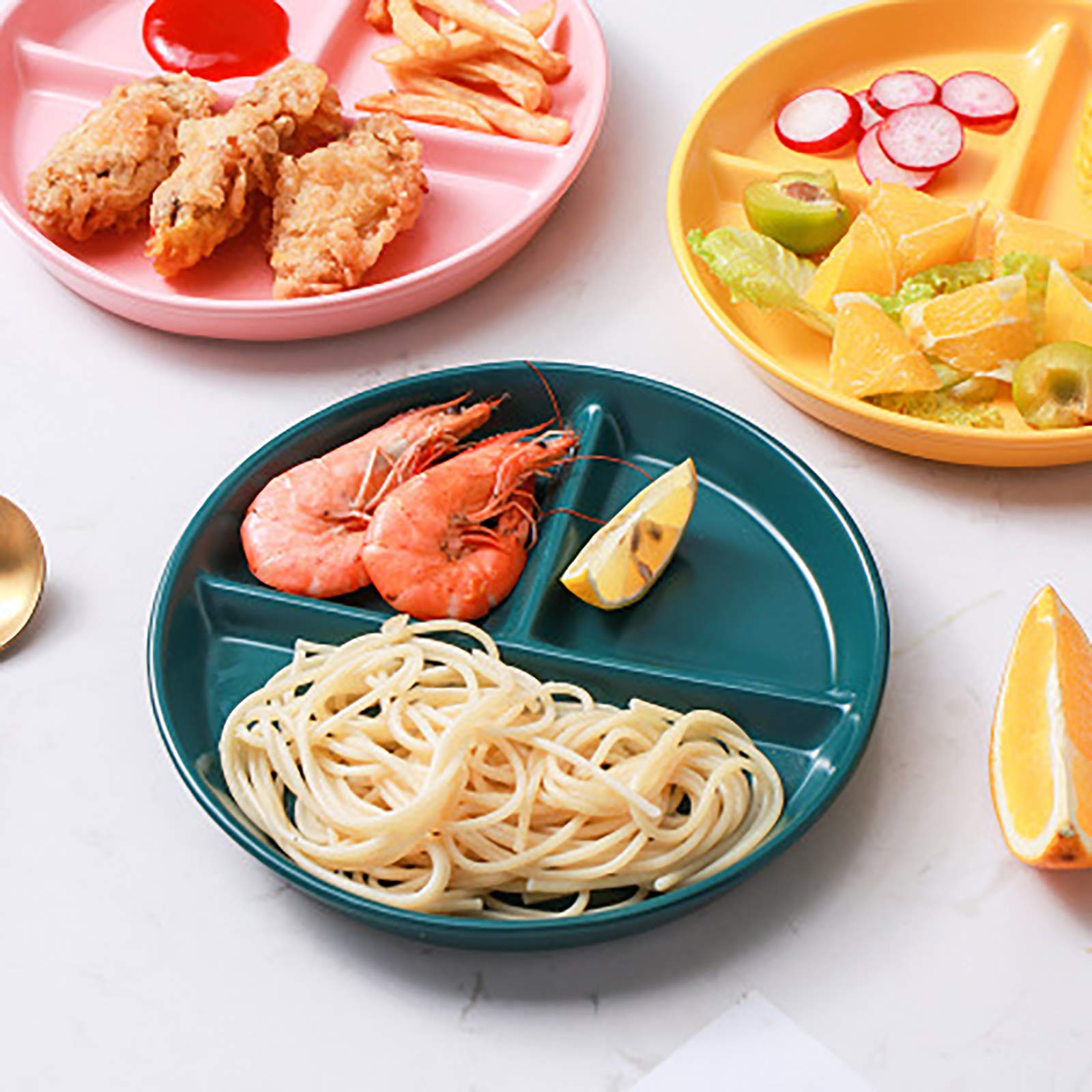 2 PCS Assiette Divisée en Céramique,Assiette Ronde Réutilisable avec Trois Compartiments,Assiettes à Déjeuner,Assiettes à Salade,Vaisselle pour Enfants et Adultes