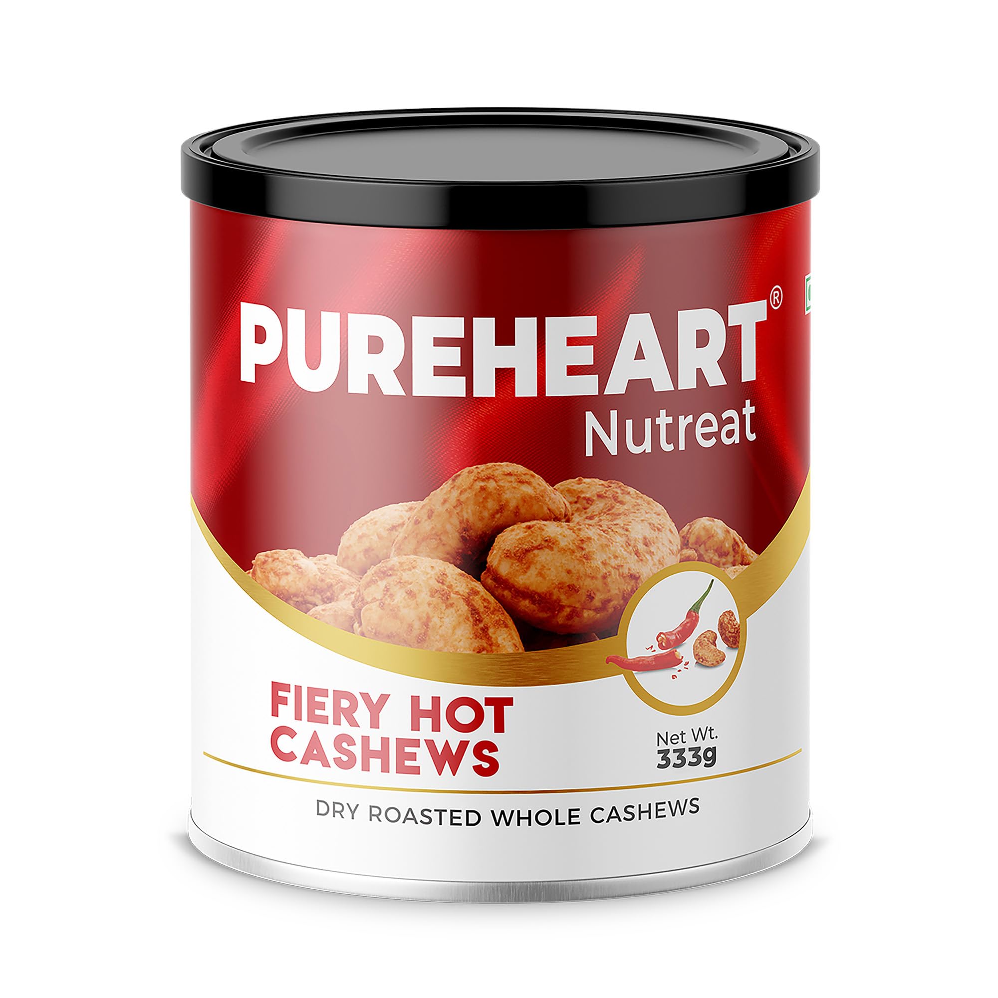 Pureheart Nutreat Fiery Hot Cashews (333 gm), Premium Spicy Roasted Masala Cashew Nuts/Kaju Dry Fruit | Protein & Fiber Rich Chili Cashews| Crunchy Snack | No Artificial Colors, Flavors, Preservatives