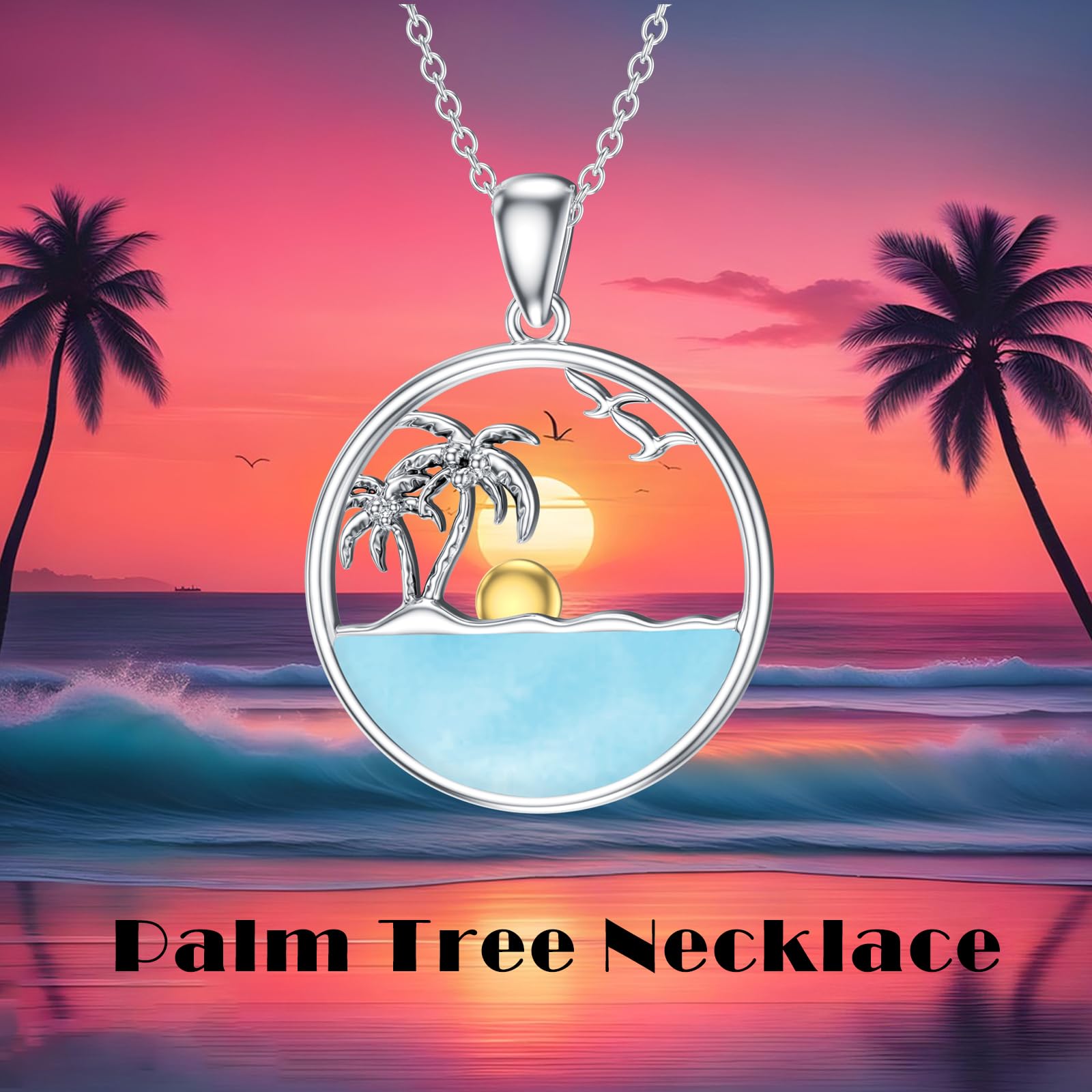 Palmen-Halskette für Frauen 925 Sterling Silber Ozeanwellen Anhänger, Halsketten mit natürlichem Larimar-Edelstein Schmuck Geschenk für Mama Frau