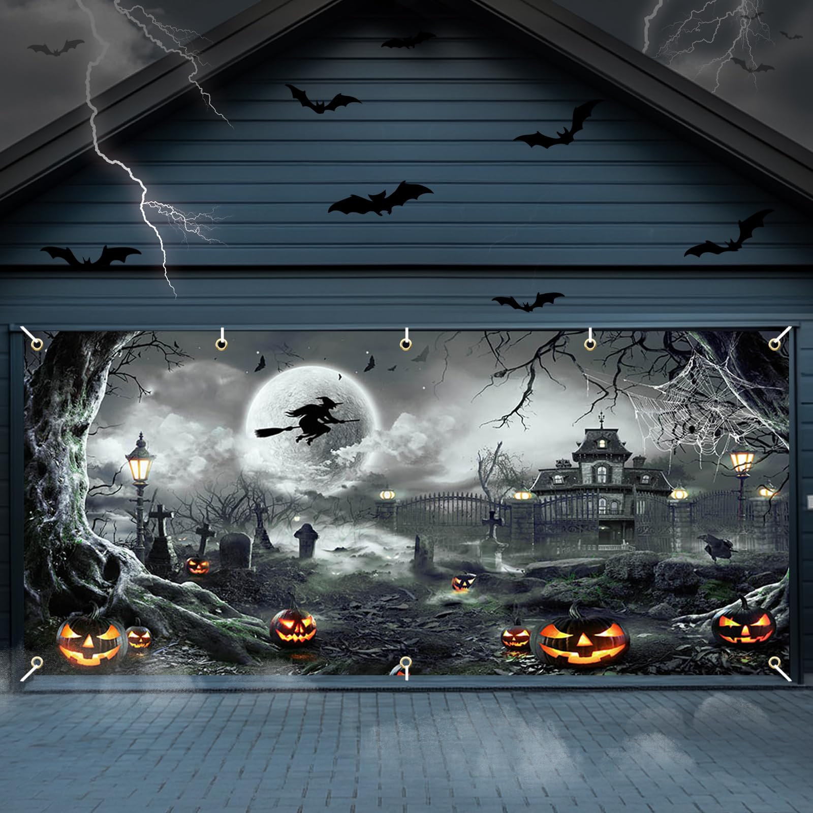 Avezano 6x13 ft Halloween Garage Door Banner Halloween Full Moon Scary Night Castle Pumpkins Garage Door Cover Backdrop Spooky Witch Cemetery Party