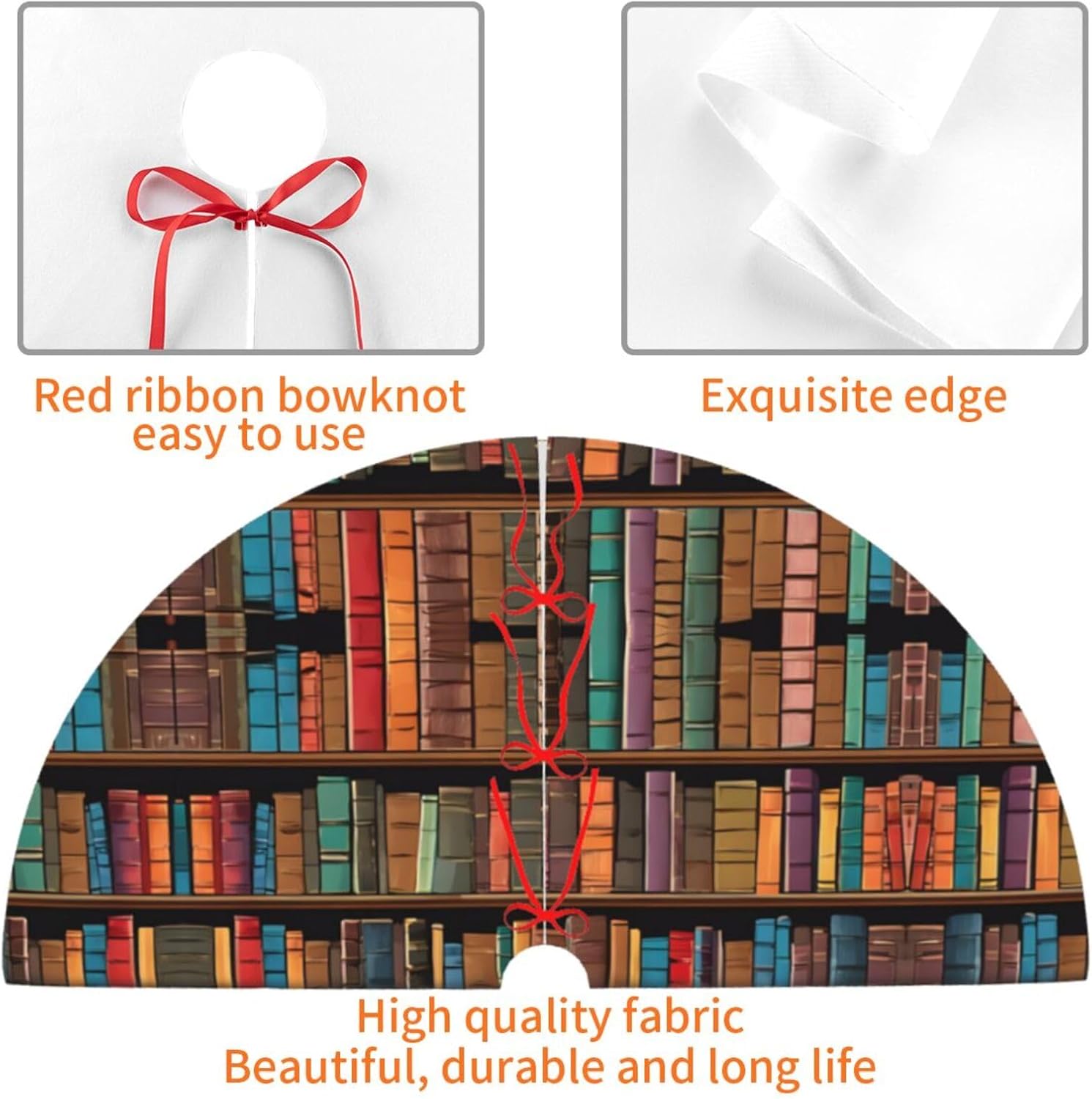 Library Bookshelf Christmas Tree Skirt with Ties - Double Layer Holiday Tree Mat with Non-Slip Bottom for Xmas Decorations