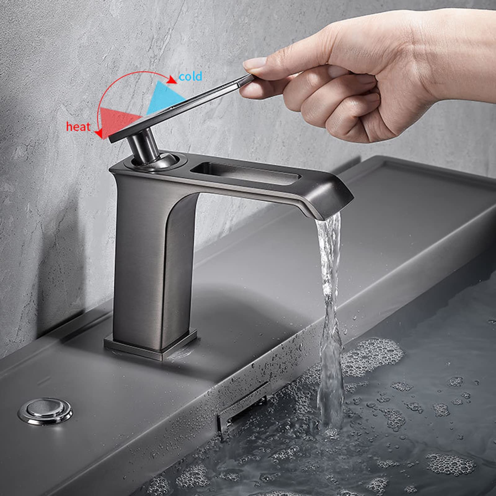 Wasserfall-Armatur Für Waschtisch – Schlanker Einloch-Hahn, G1/2 Anschluss, Aus Messing, Grau (Wasserfall-Auslass)