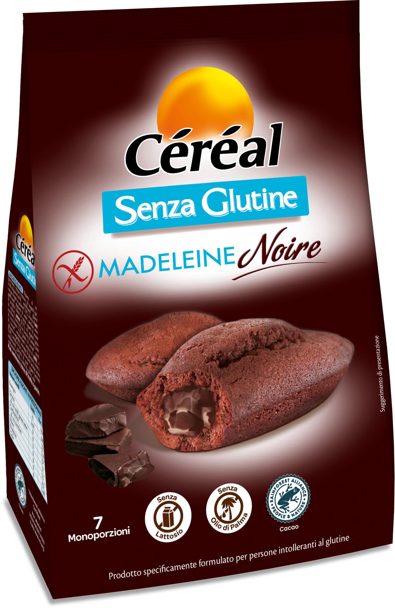 Céréal Madeleine Noire, Merendine Senza Glutine e Lattosio, Dolci Senza latte, Dolci con cioccolato fondente certificato RFA, 200 g