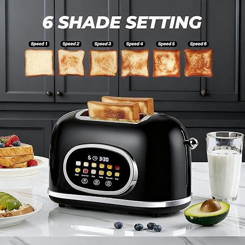 Miniatura 4 de Roter Mond Tostadora de 2 rebanadas con pantalla táctil inteligente, tostadora de pan retro de acero inoxidable con temporizador digital, modo de