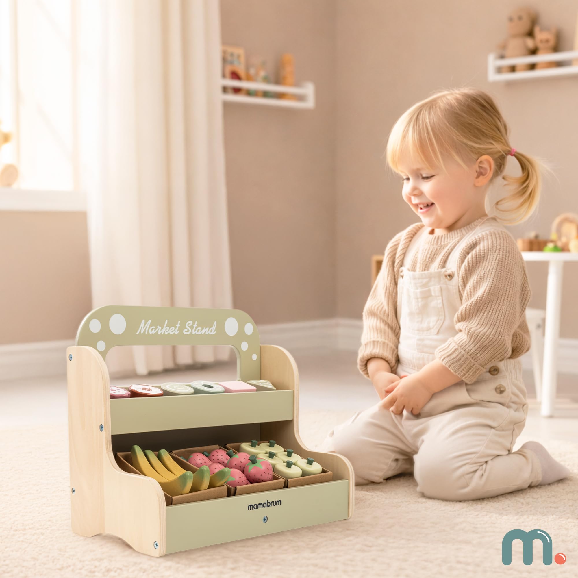 Mamabrum Holz Kinderladen Marktstand Zweistöckig Tragbar 24-Teiliges Set Obst und Dessert Rollenspiel Spielzeug für Kinder ab 24 Monaten, 17,9 x 32,0 x 27,4 cm