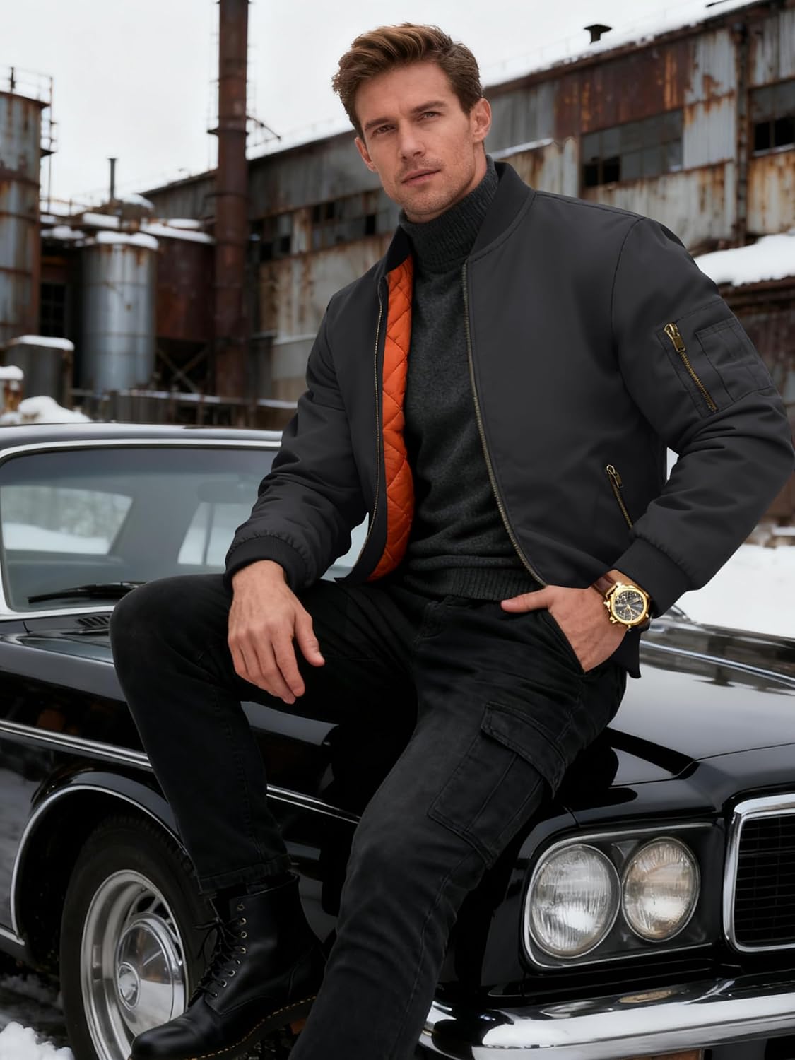 KEFITEVD Bomber Jacket Men Winter Coats Full Zip Windbreaker Mens Jackets Casual Work Coats - Image 2