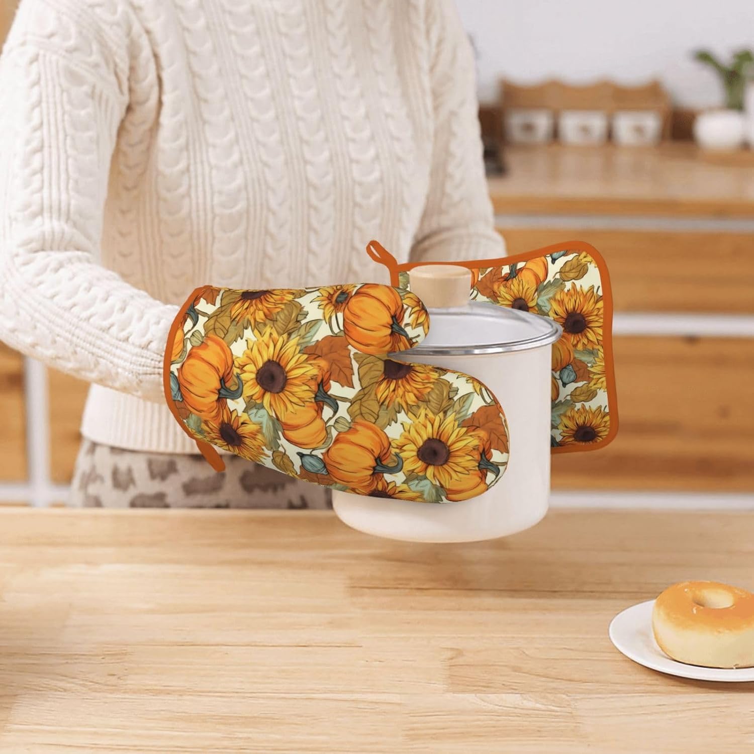 Fall Pumpkin Sunflower Silicone Oven Mitts Pan Mats Set of 2, Heat Resistant Gloves Potholder with Non-Slip Grips Hanging Loops Pot Holder, Spring Summer for Chef Cooking, Baking, Grilling, BBQ