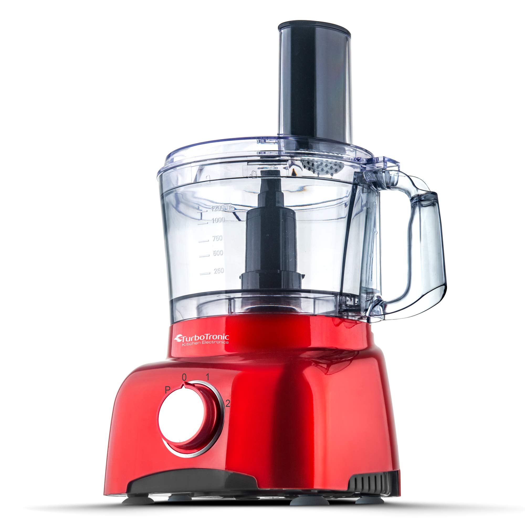TurboTronic Food Processor 1,2L schwarz, rot, Küchenmaschine mit Mixaufsatz, Raspelscheiben, Zitruspressenaufsatz