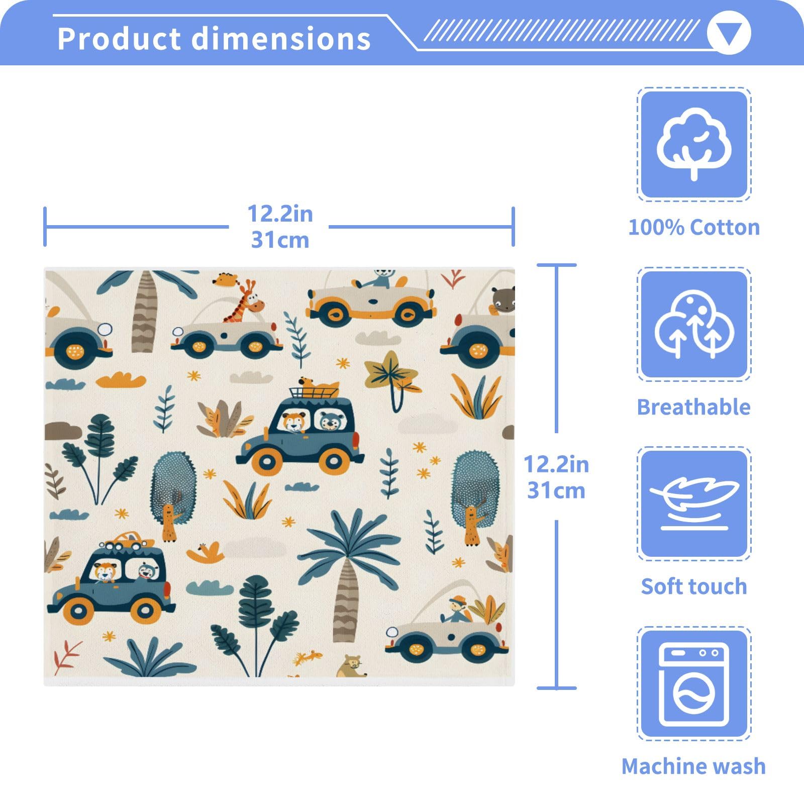 Cotton Wash Cloths Set Face Cloths Washcloth Small 4 Pack Animal and Car Absorbent Soft Fingertip Towels 12 x 12 Inches