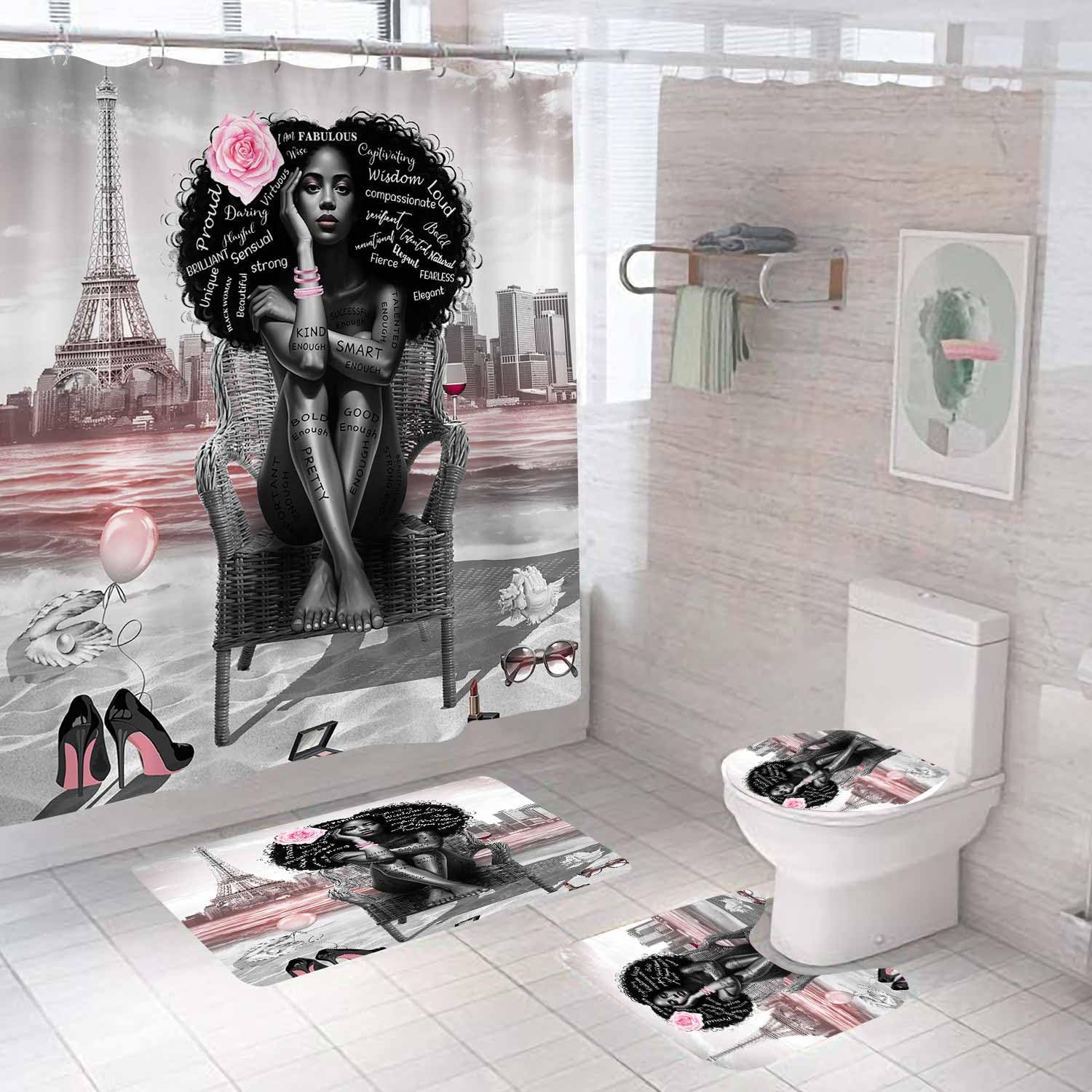 4PCS Inspirational Quotes African American Shower Curtain Sets with Rugs, Waterproof Fabric Pink Shower Curtain Cute Black Girl Magic Positive Motivational Word Afro Black Woman Bathroom Decor