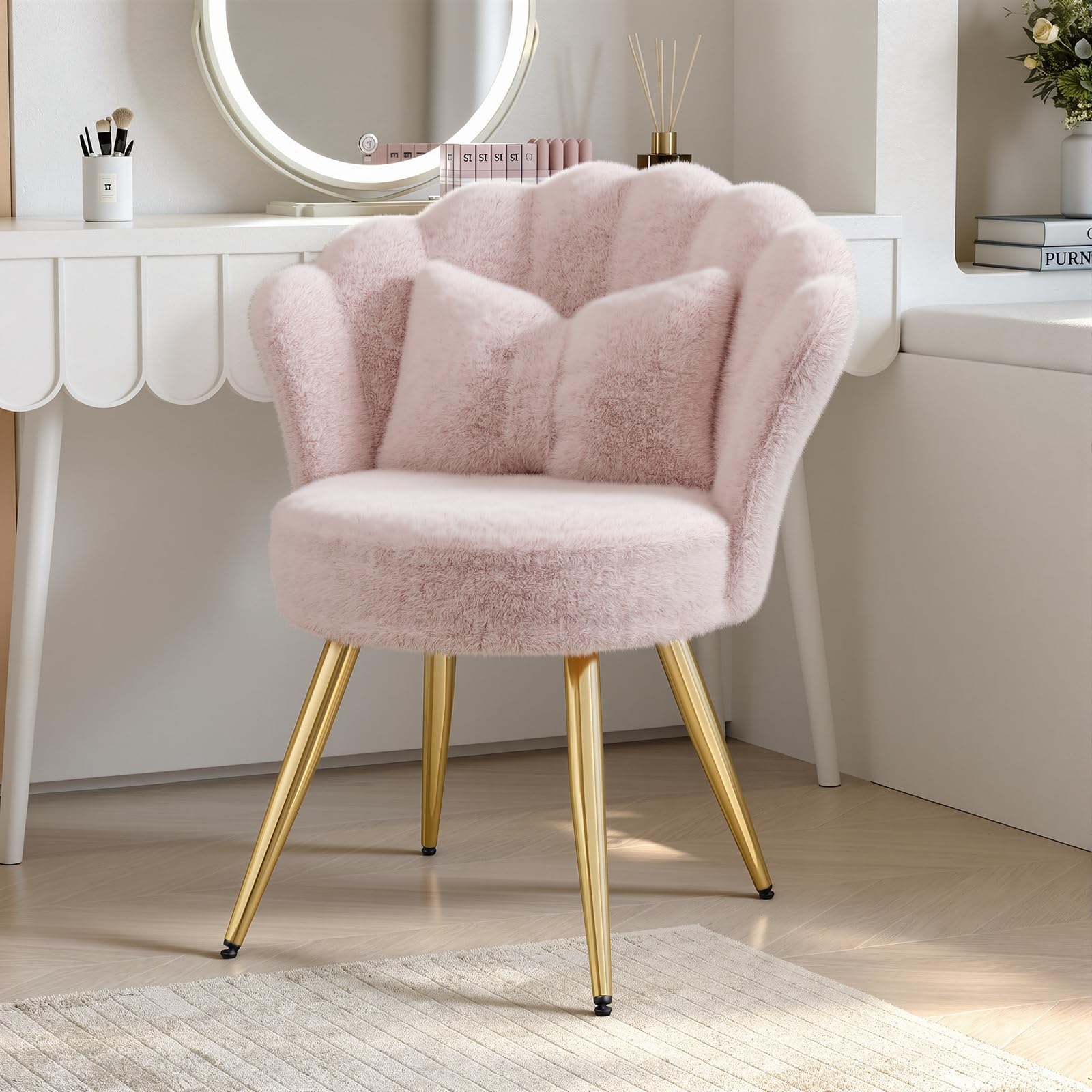 Esszimmerstühle Samt 1er Set • Muschelsessel mit Rückenlehne & Armlehnen • Schminktisch Stuhl • Polstersessel Elegant • Akzentstuhl mit Kissen Accent Chair • Rosa