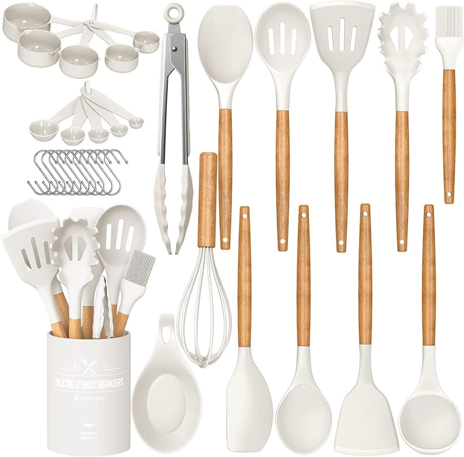 AMBERJACK 43 Pcs Kitchen Cooking Utensils Set, Non-Stick Silicone Kitchen Utensil Set With Wooden Handles and Holder, Kitchen Gadgets for Cookware,Kitchen Accessories,Khaki