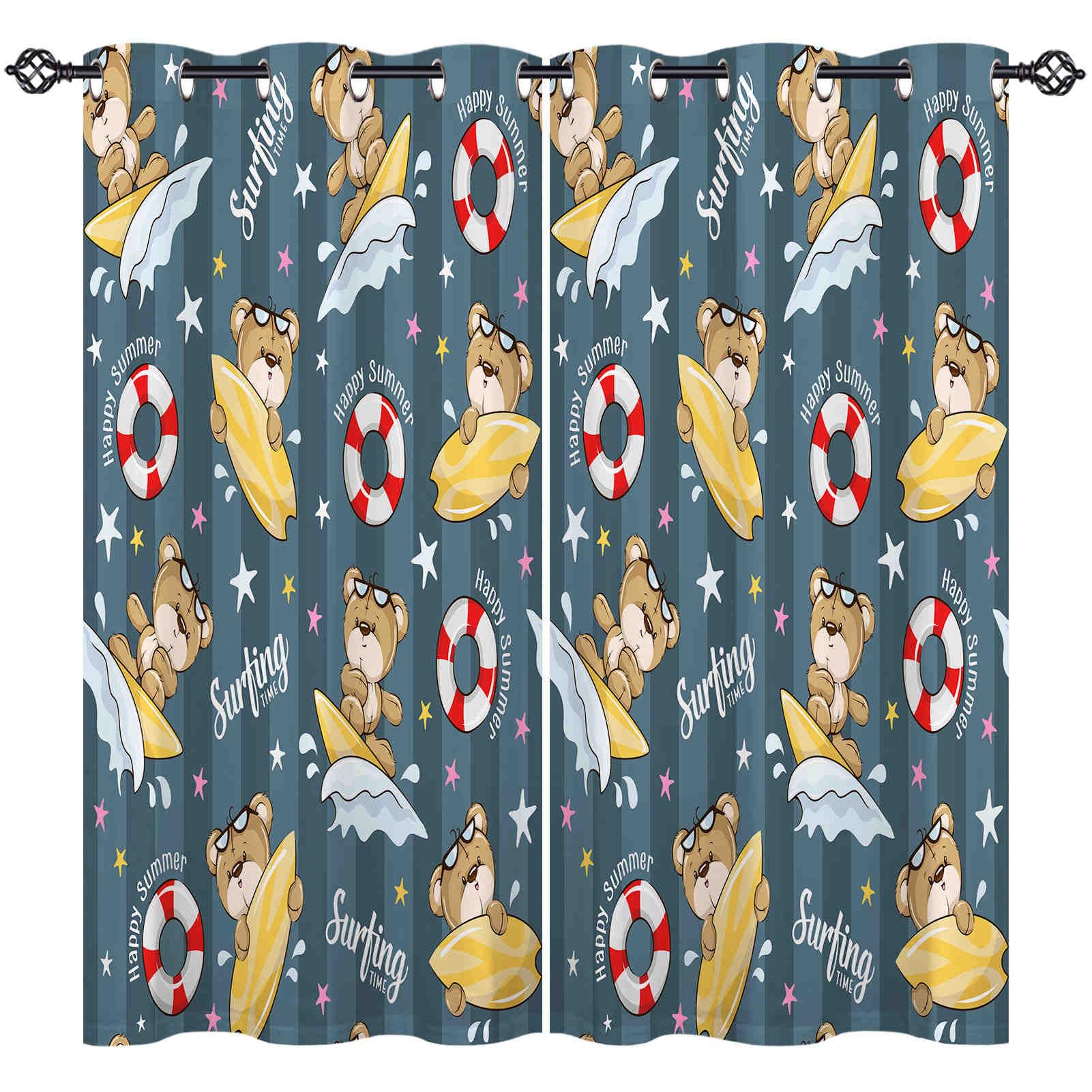 ANHOPE Bear Curtains Eyelet Soft Thermal Insulated Blackout Curtains Cute Cartoon Animal Bear Surfing Print Pattern Ring Top Window Drapes for Bedroom Living Room 42 x 63 Inch 2 Panels โ image 1