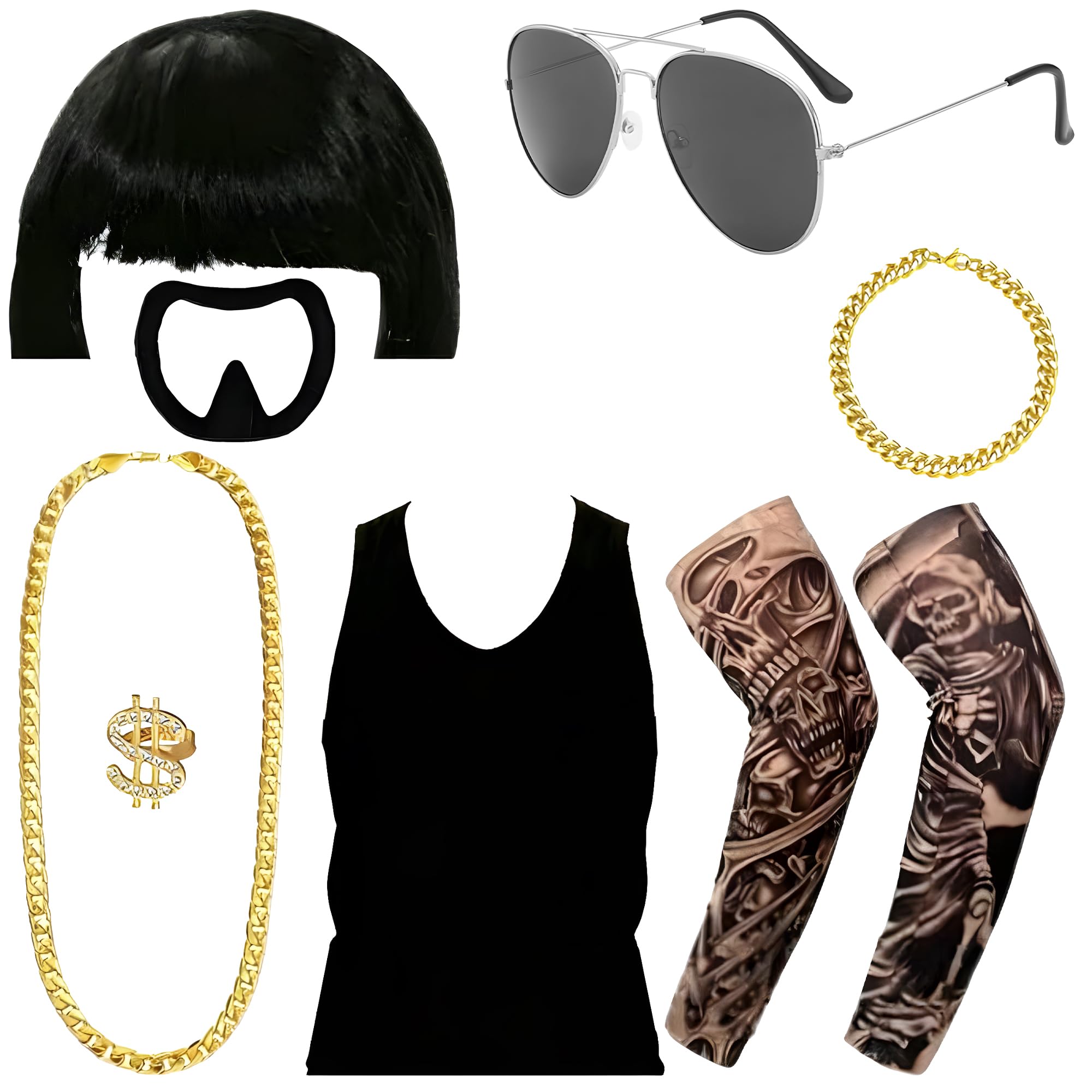 MOSNOW Costume Kit, 9PCS Funny Fancy Dress with Bowl Cut Wig, Tattoo sleeve,Goatee & Gold Chain, Black and Gold