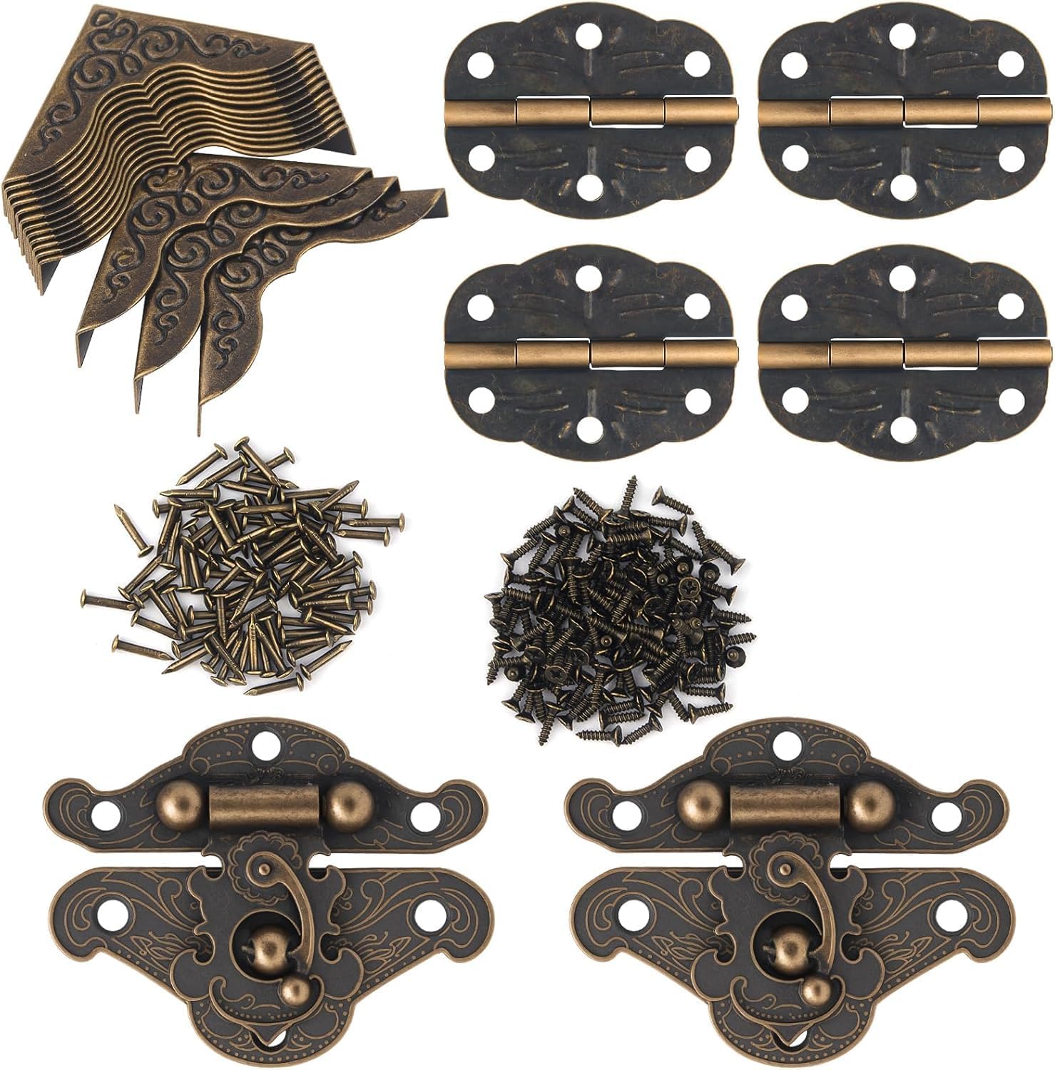 18Set Antique Engraved Latch Hasp Hinges, Vintage Bronze Hinge-Bronze Hinge for Furniture Decoration, Wooden Box Jewelry Right Hook Hinges for Wine Box, Toolcase, Cabinet, Cupboard