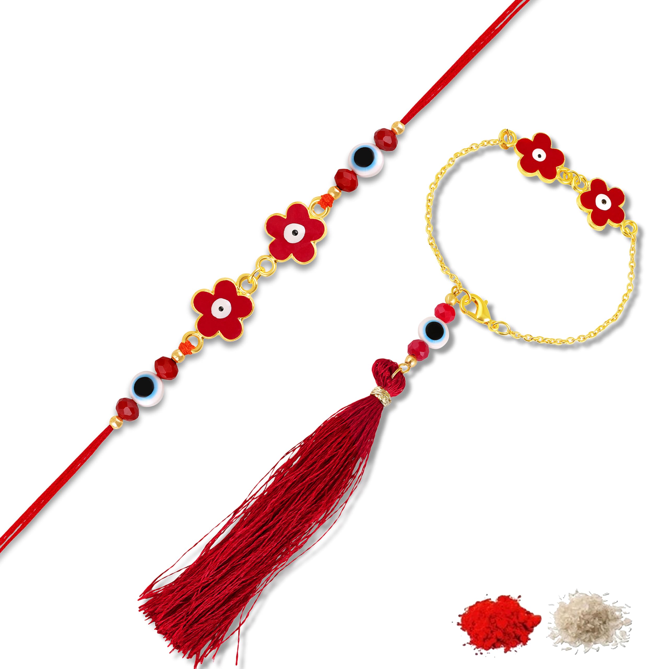 Elegant Handcrafted Floral Evil Eye Red Bhaiya Bhabhi Couple Rakhi Set Threads (RCOL1106002G)-image-14