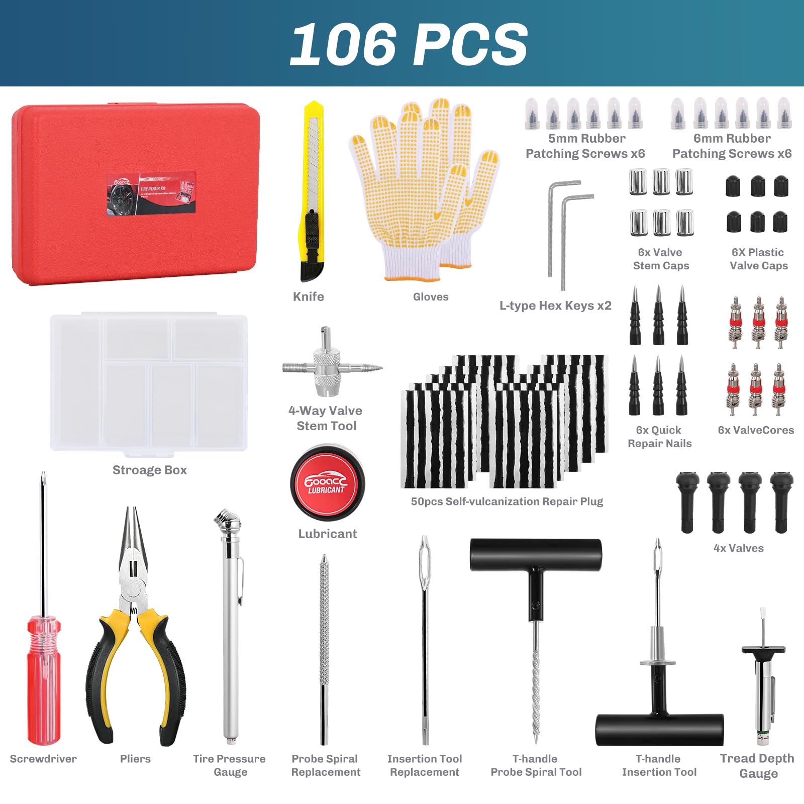 GOOACC Kit de reparación de neumáticos – 106 Piezas de Tapones de neumáticos Resistentes Kit de reparación de pinchazos de neumáticos Planos para Coche, Motocicleta, ATV, UTV, RV, Tractor, Remolque