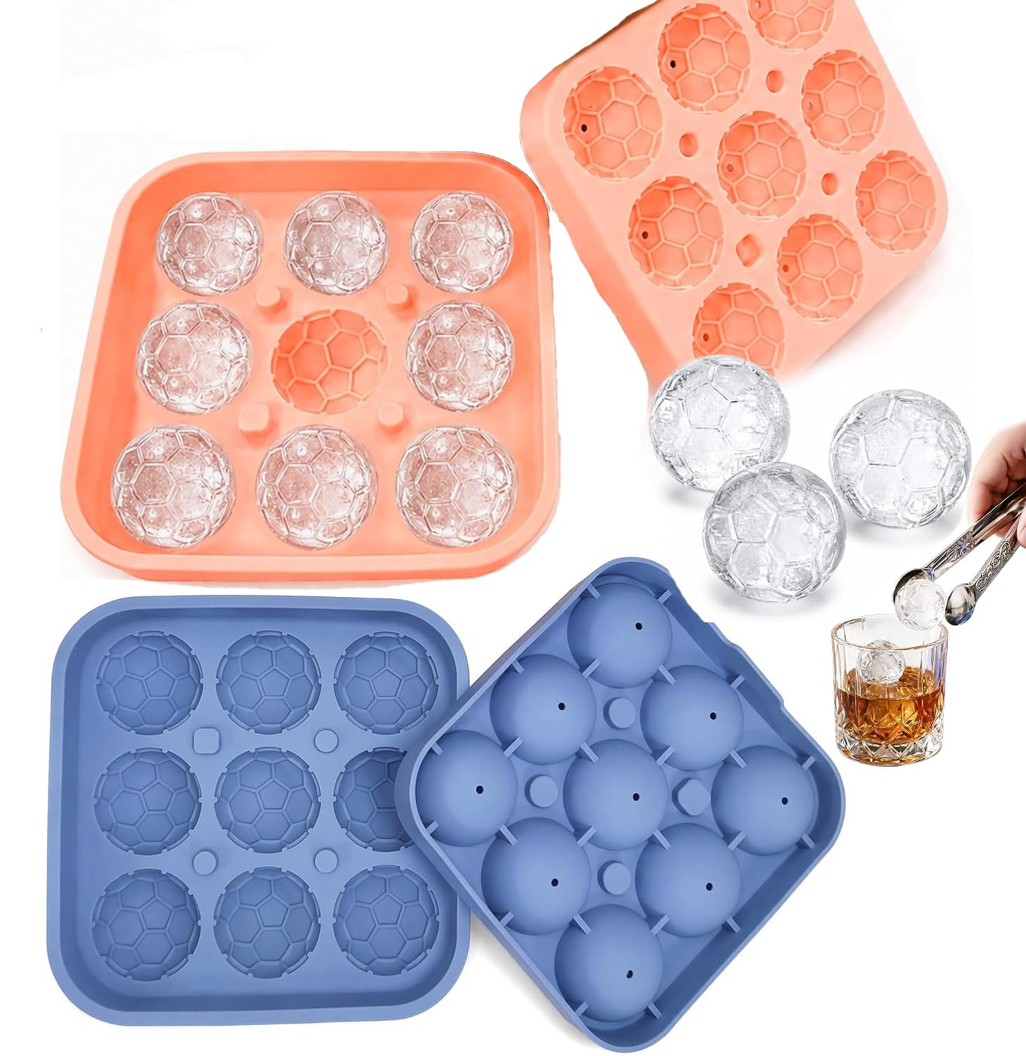 2 Stück Fußball Silikon Eiswürfelform Rose mit Deckel, Ice Cube Tray | BPA-frei ,Eiswürfelbehälter mit 9 Fach Rosen-diamantene Eiswürfel - Wiederverwendbar & Spülmaschinenfest – Große Eisbereiter