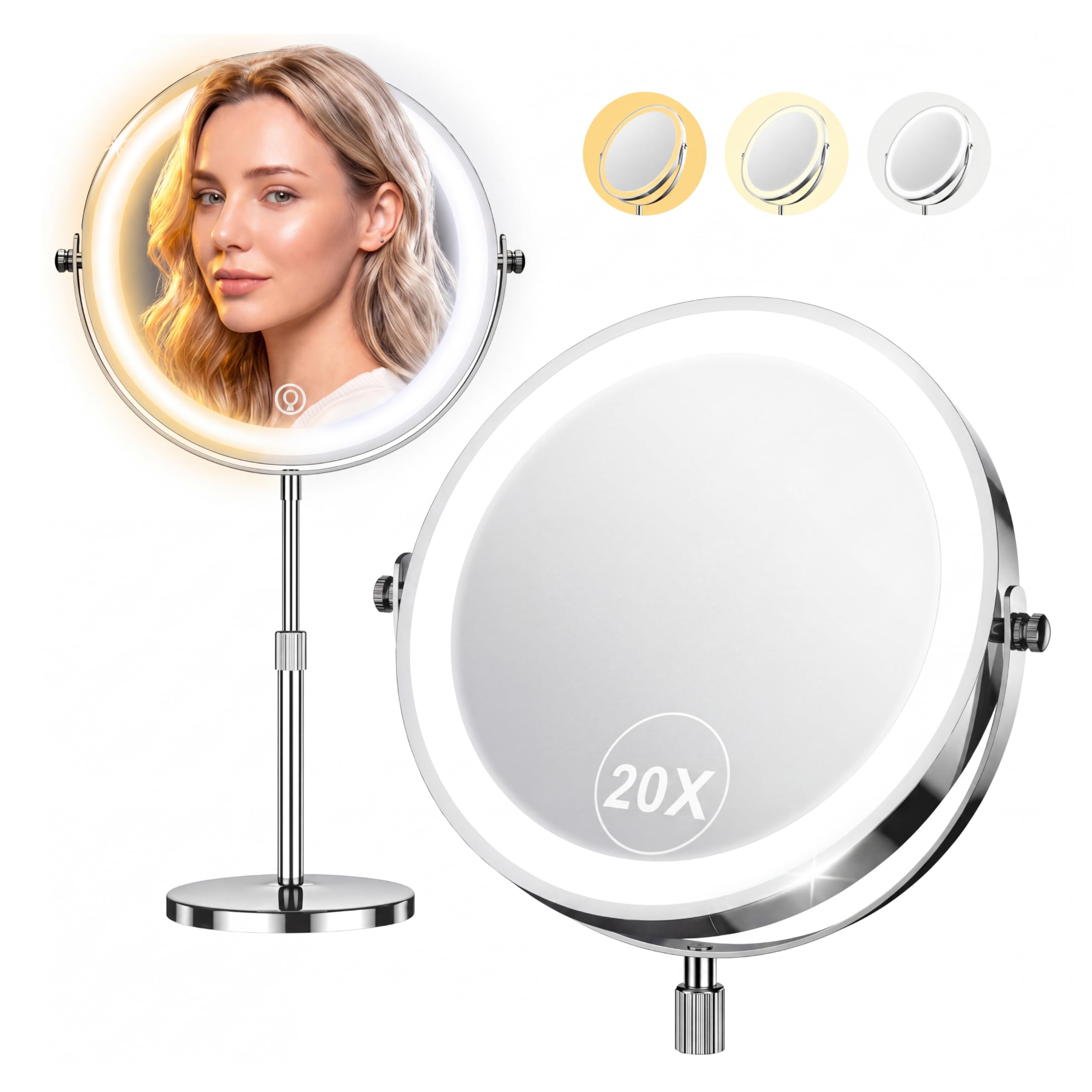 Dienmern 조명 메이크업 거울, 1X/20X 양면 확대 화장대 거울, 조명, 360° 회전, 5000mAh 충전식 조절 가능한 밝기, 기숙사, 거실, 여성용 선물