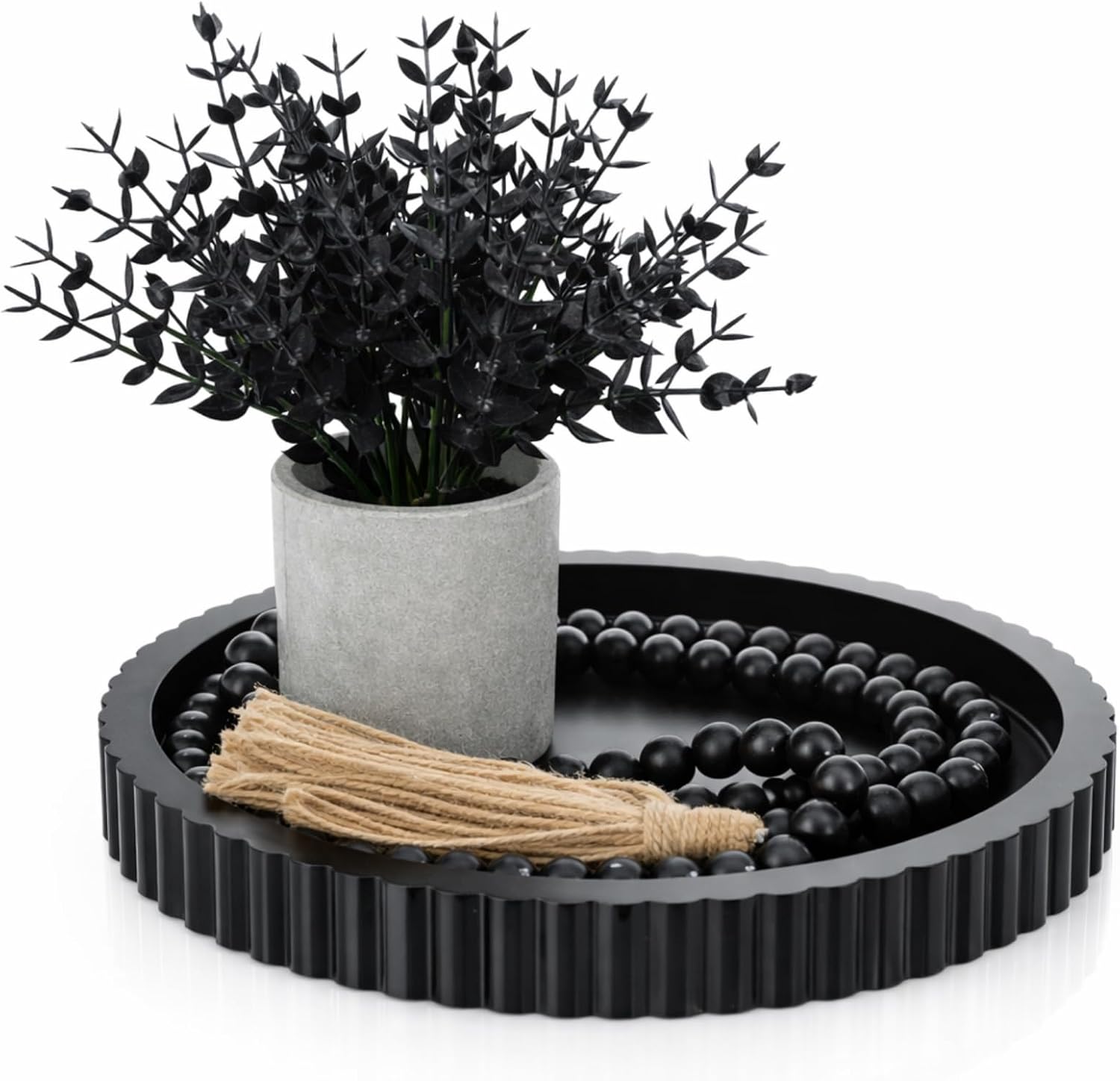 Novabright 3 Pcs Coffee Table Decoration Set Round Wooden Tray a Decorative Beaded Small Black Artificial Eucalyptus Planter for Farmhouses Home Decor