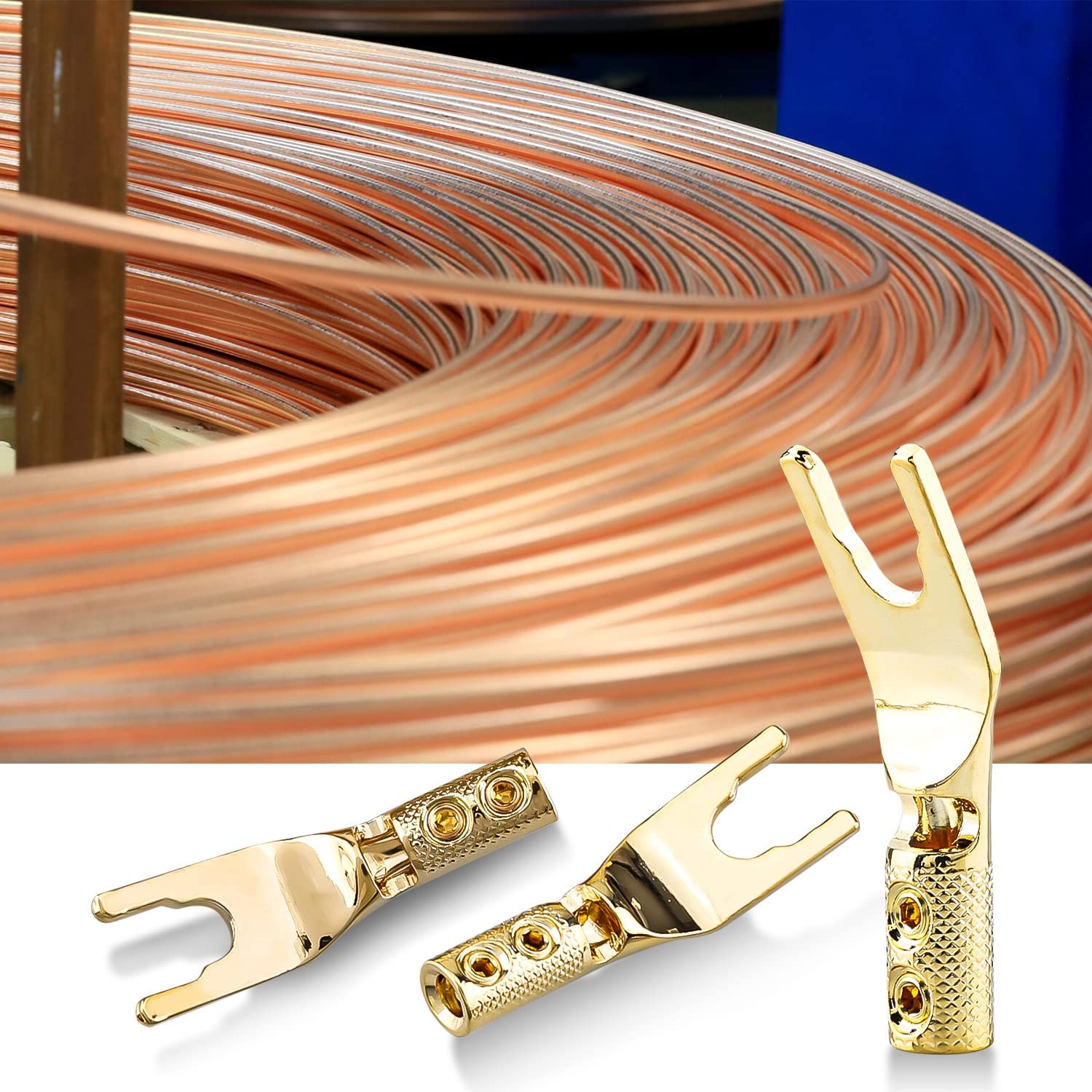 4PCS Spade Connector,45 Degree Pure Copper Audio Fork Y Spade Plug DIY with Heat Shrink Tubing and Hex Wrench,Double Screw Locking Speaker Cable Plug for Speaker Cables (Knurled Gold Plated) - Image 7