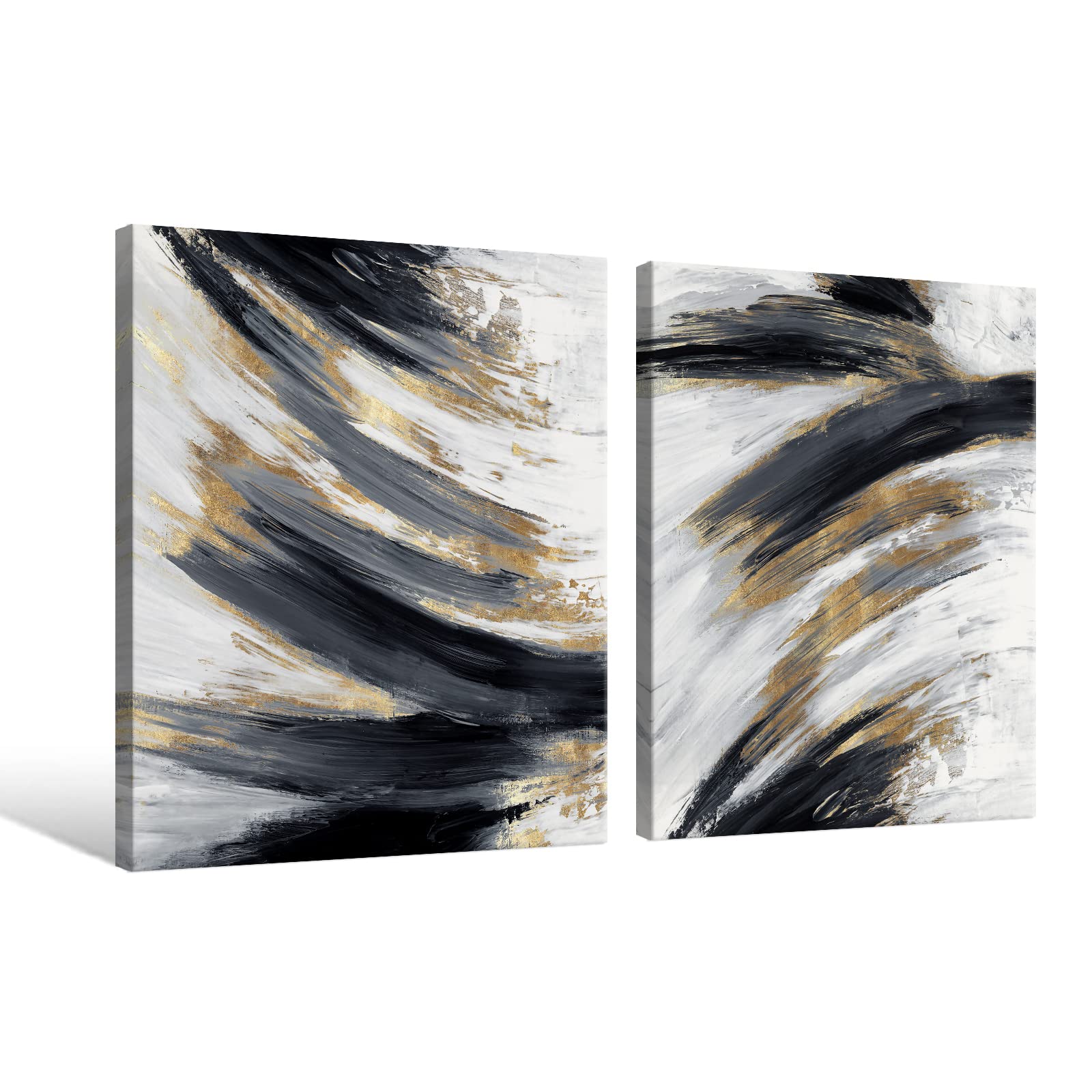 Chadow Artwork2 pieces Black and Gold Abstract Wall Art 2 Pack Black and White Canvas Wall Decor Modern Framed Artwork for Living Room Bedroom Office Décor Ready to Hang 12"x16"(30cmx40cm)