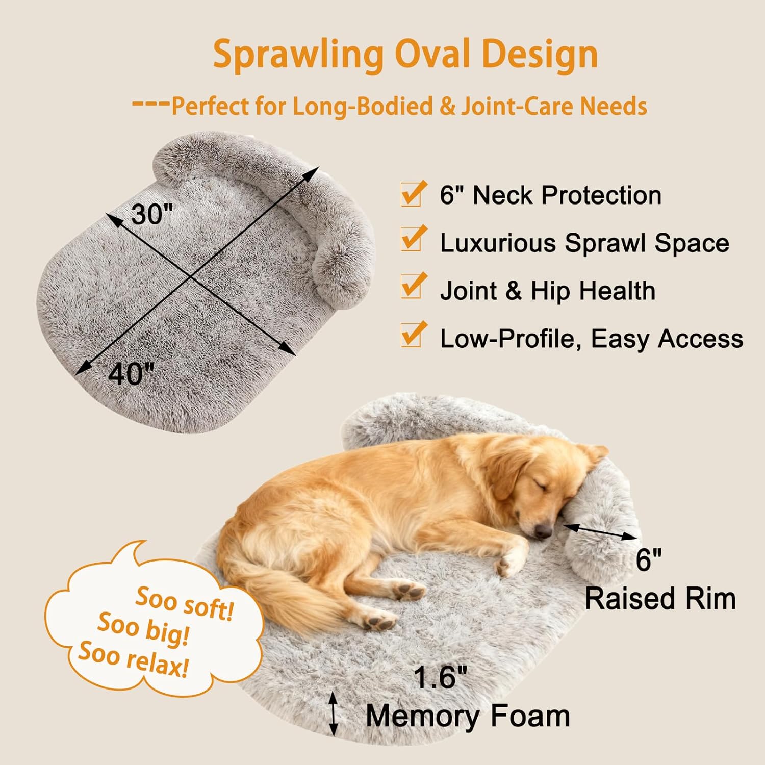 Calming Dog Beds for Medium Large Dogs, Fluffy Plush Faux Fur Large Pet Bed Mat Lounge with Washable Removable Cover, Anti-Anxiety Soft Fits up to 60 lbs Pets (Oval, Marble Grey 40"x30")