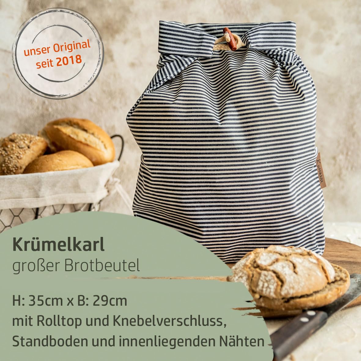 Kumanu Biologische bijenwasdoek, broodzak, kruimelkarl, met standaard Kumanu Biologische bijenwasdoek, broodzak, kruimelkarl, met standaard