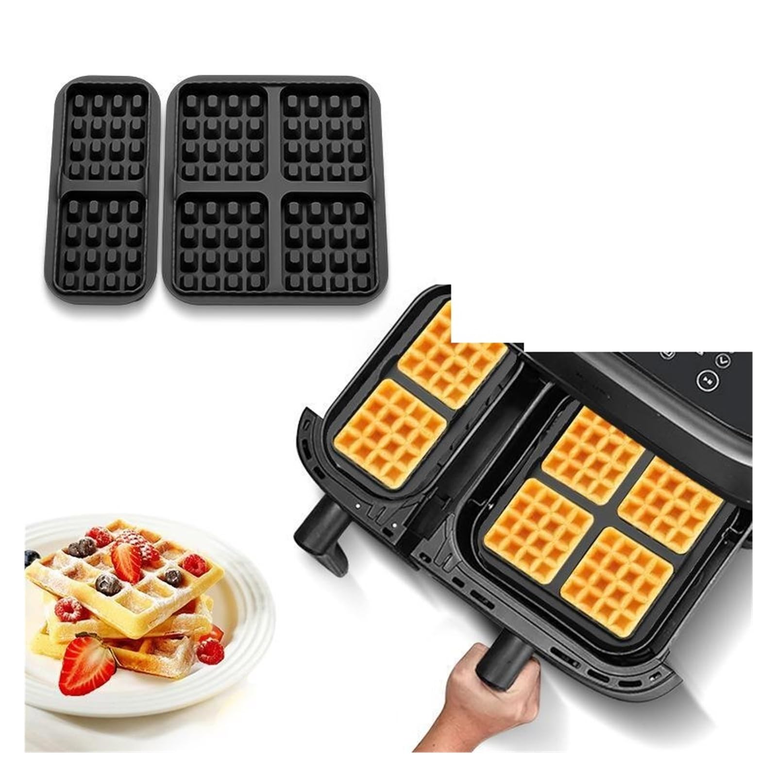 Air Fryer Waffle Mold, Reusable Silicone Baking Mat for Dual Basket Models, Non-Stick & Easy Clean, 1/2Pcs(Black2pcs)