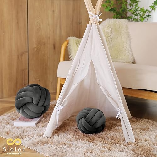 Miniatura 5 de Sioloc - Almohadas de nudo suave, cojín redondo para decoración del hogar, almohada de bola anudada hecha a mano (7.8 pulgadas, color gris oscuro)
